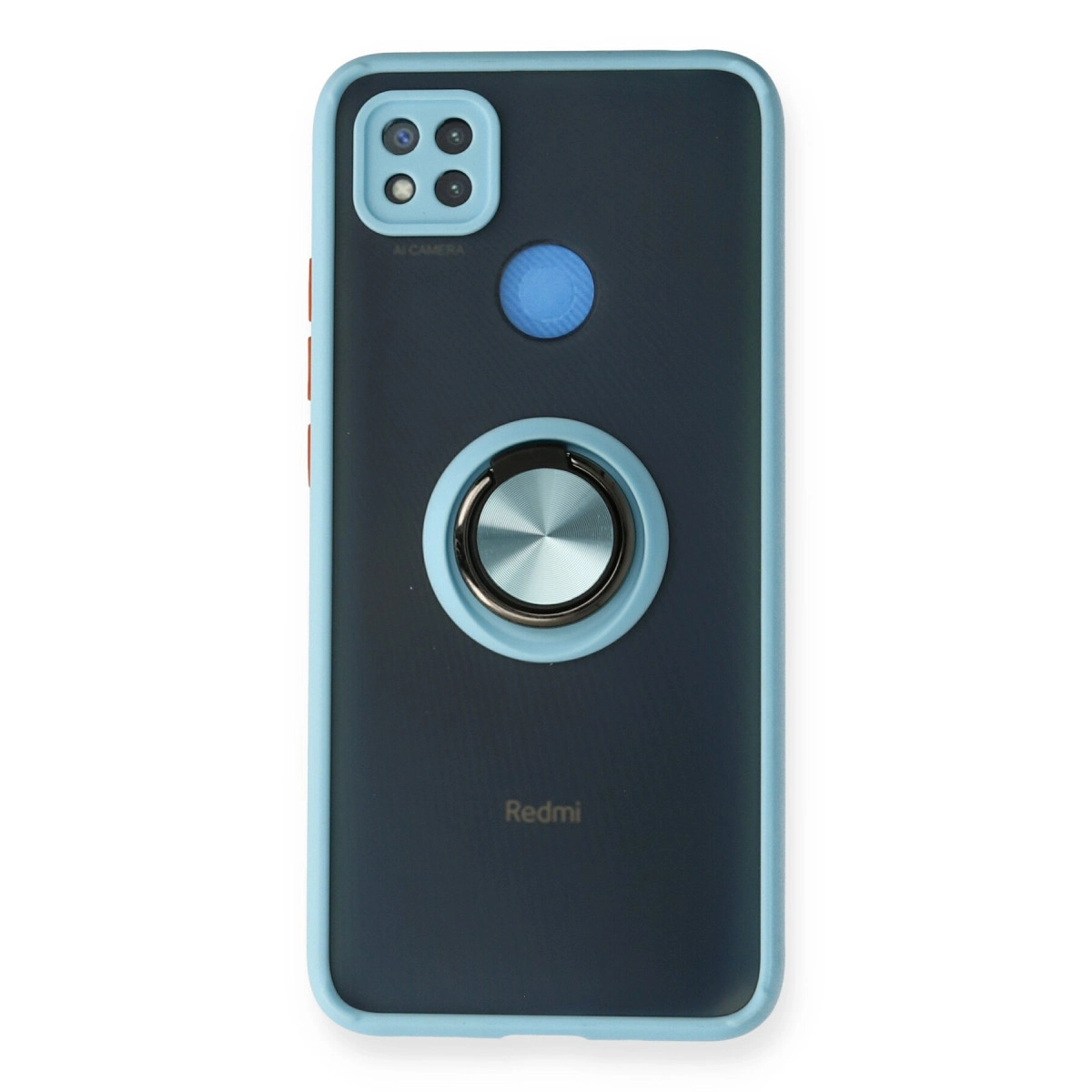 Mavi kenarlı, halka tutuculu ve kamera lensli koyu gri telefon kılıfı.