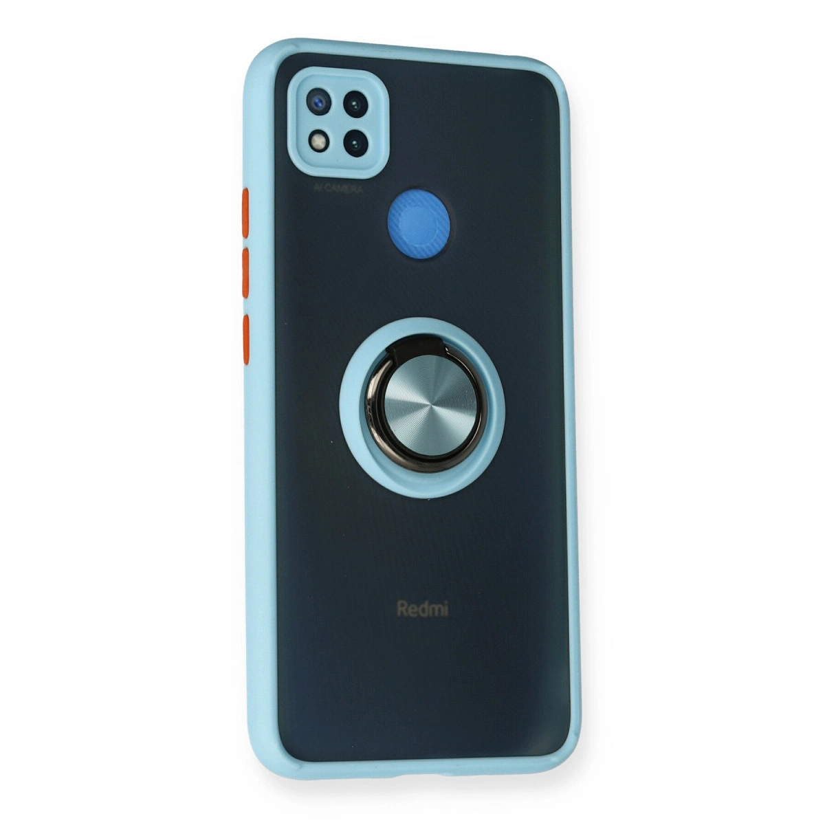 Açık mavi kenarlı, halka tutuculu, kameralı koyu gri telefon kılıfı. Kırmızı.