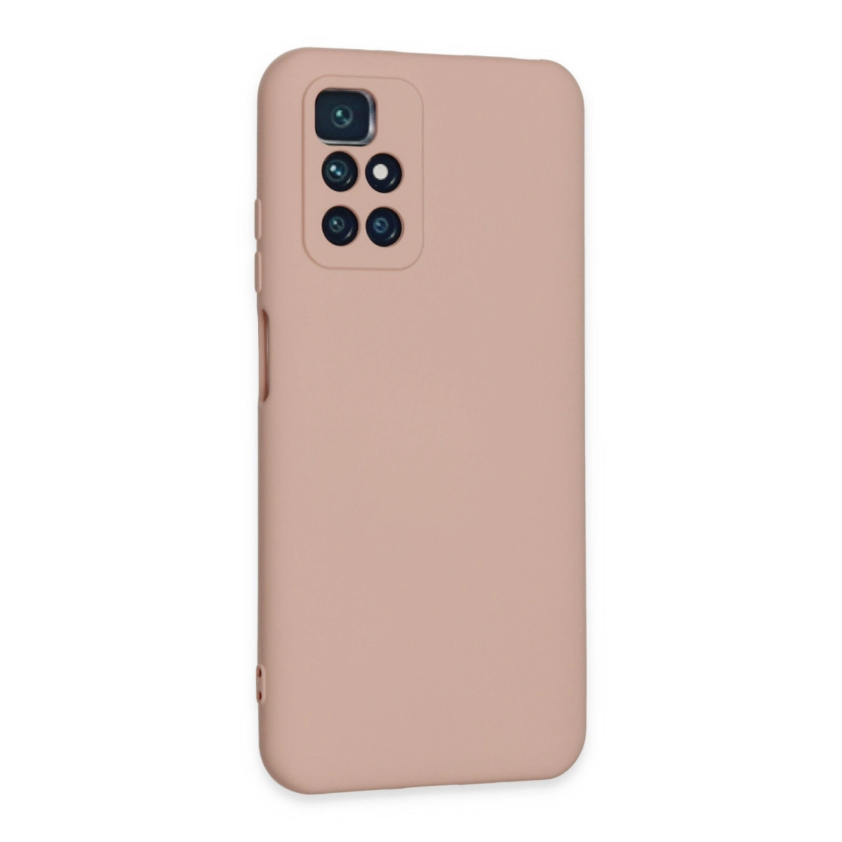 Arkada dört kamerası olan toz pembe renkli telefon kılıfı.