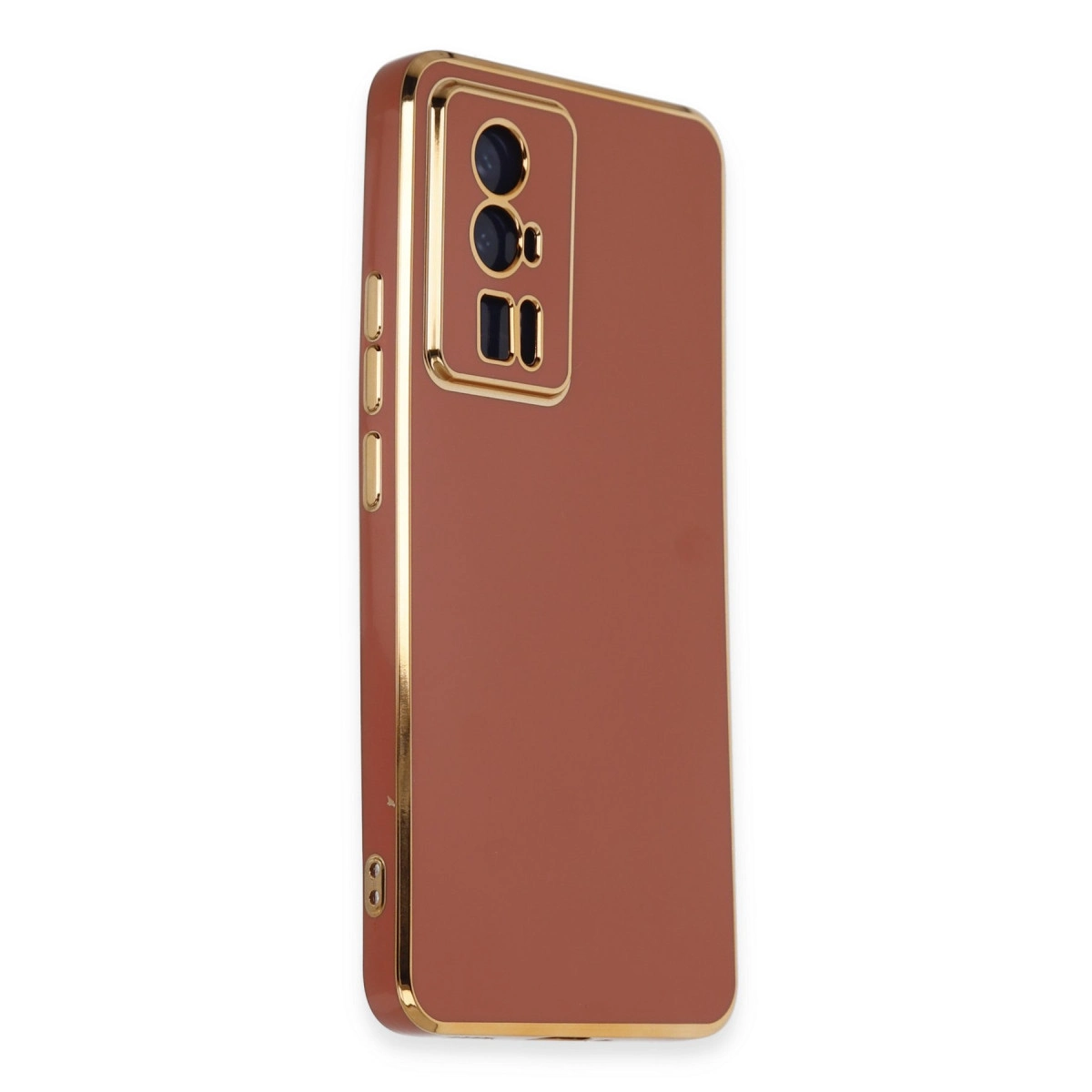 Altın çerçeveli ve kamera modüllü kahverengi telefon kılıfı.