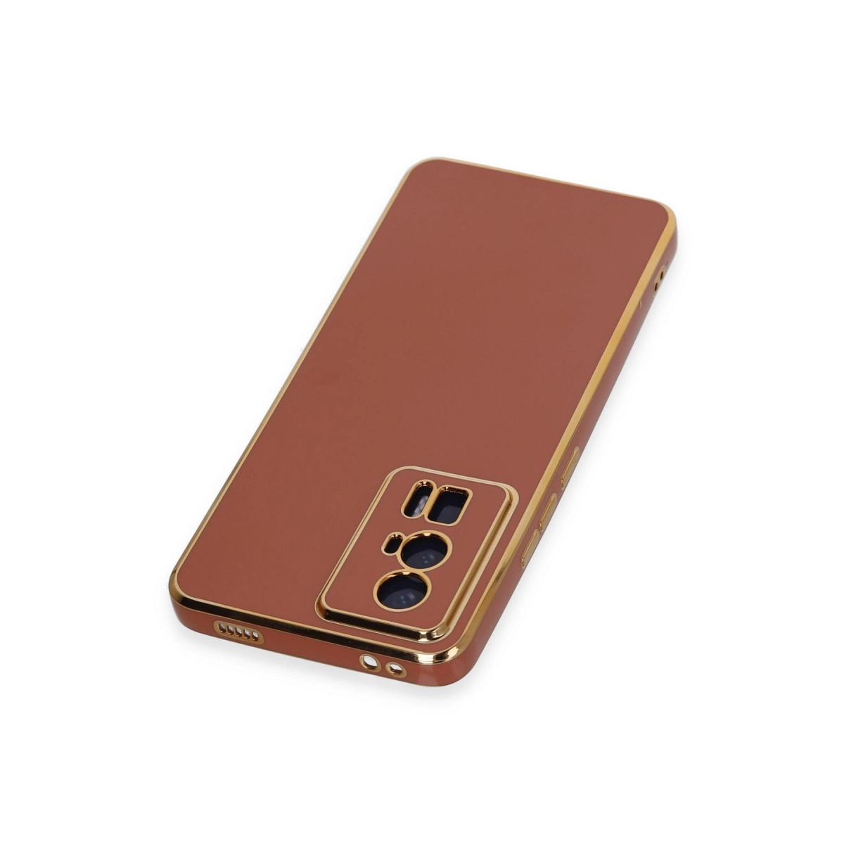 Altın çerçeveli ve kamera modüllü kahverengi telefon kılıfı.