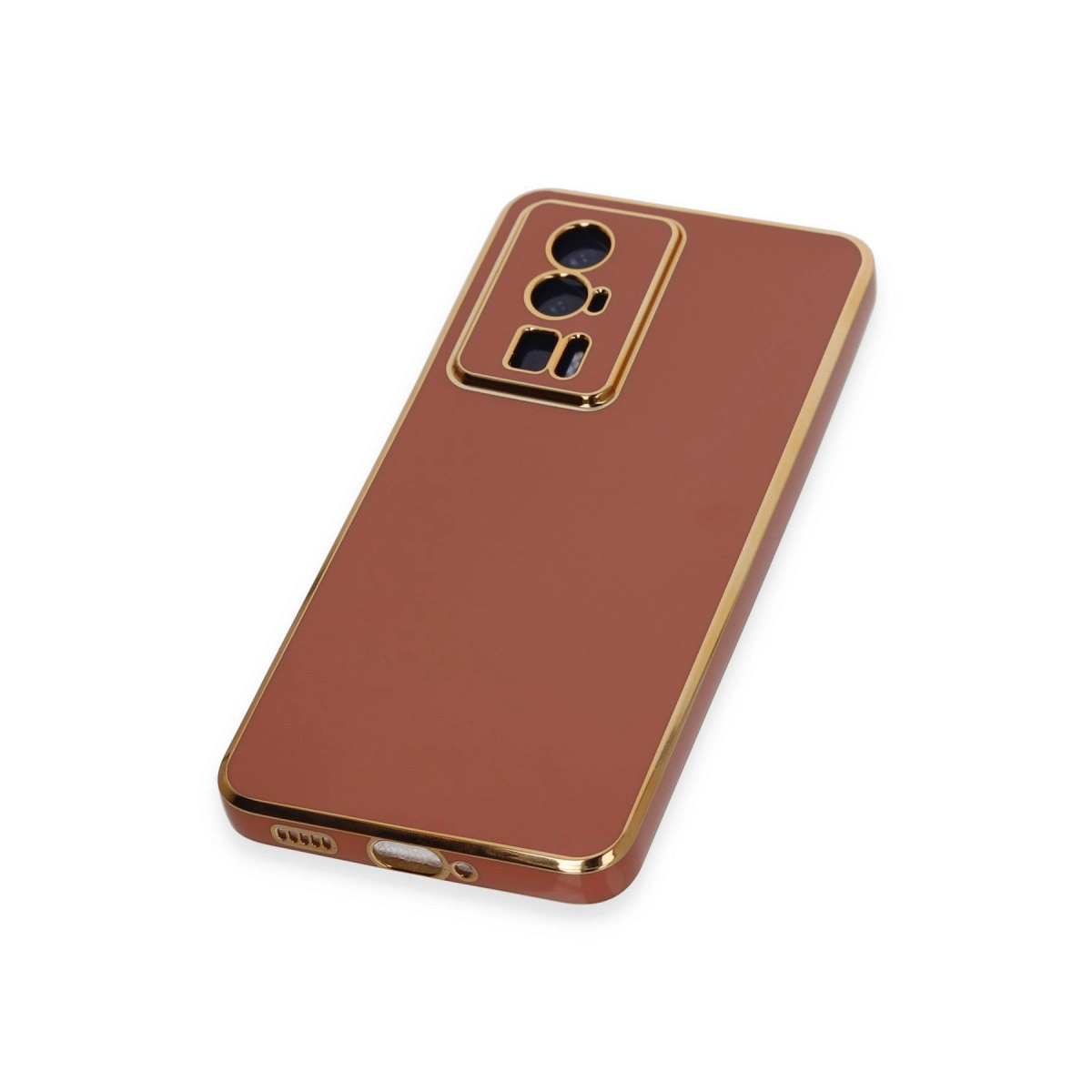 Altın çerçeveli ve kamera modüllü kahverengi telefon kılıfı.