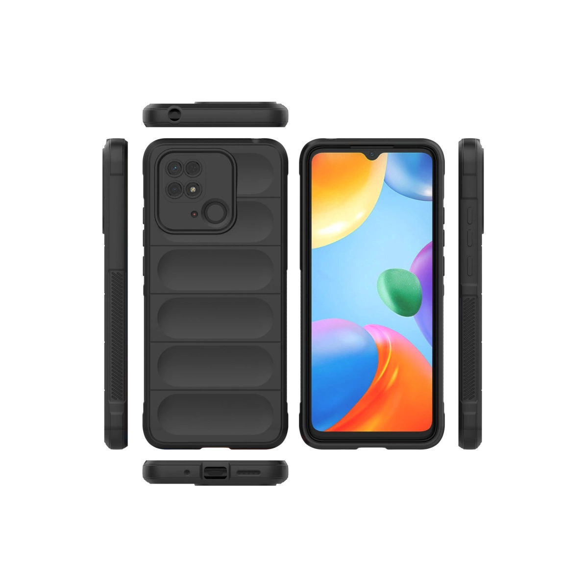 Çoklu açılardan görünen siyah telefon kılıfı, akıllı telefon ekranı görünür.