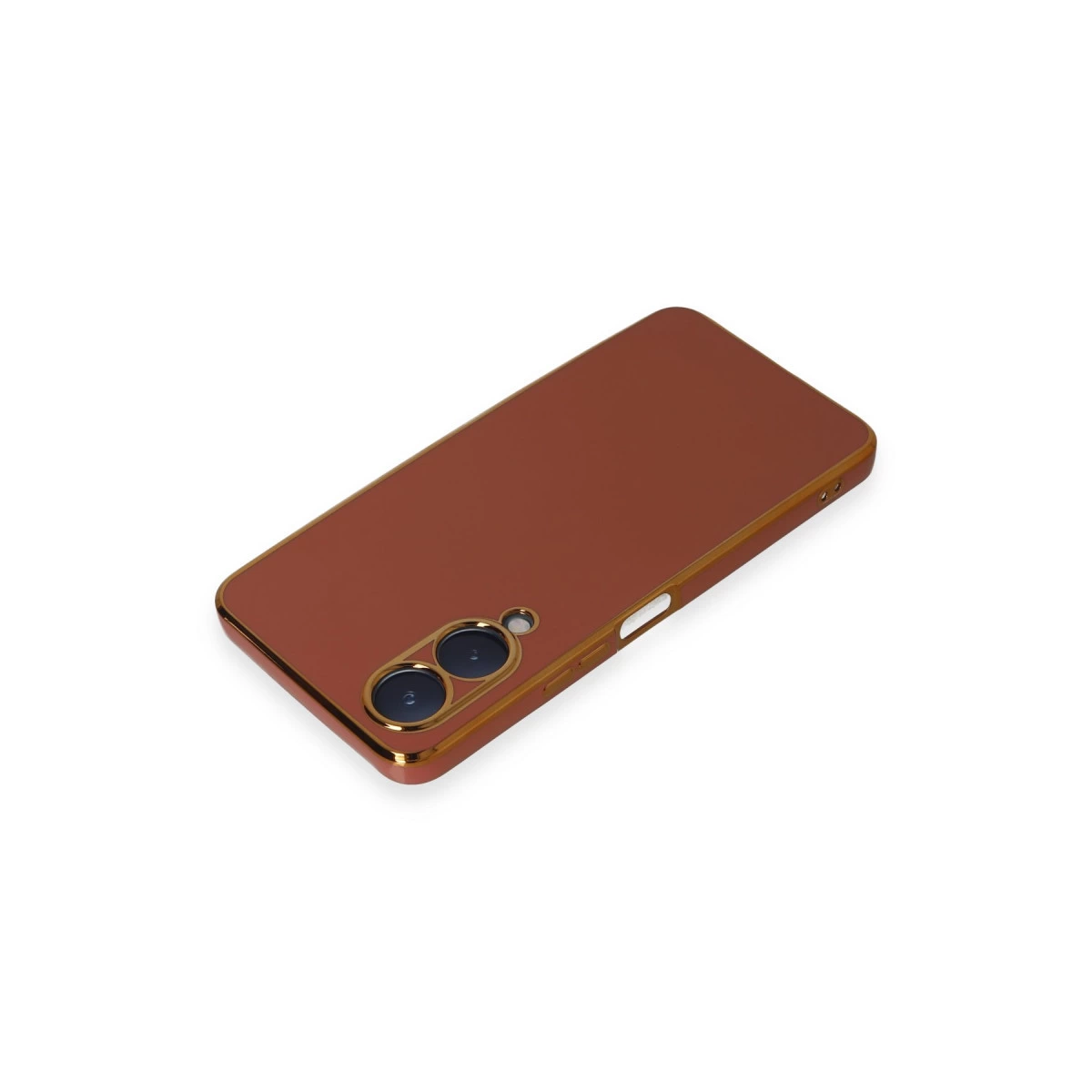 Altın kenarlı ve kamera kesimli kahverengi telefon kılıfı.