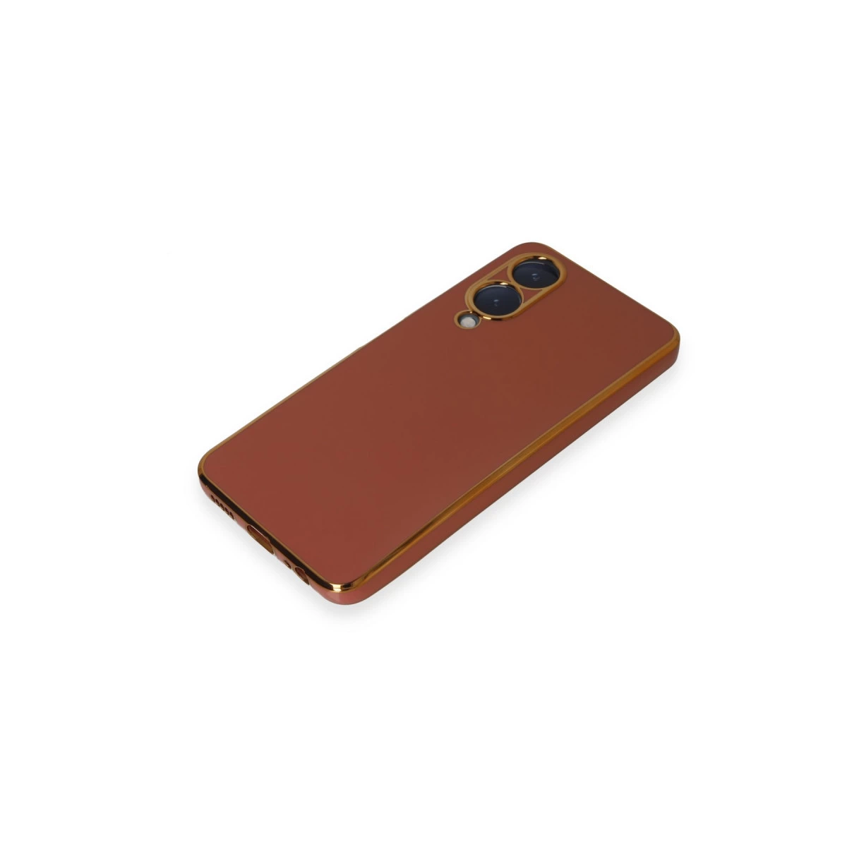 Altın çerçeveli, iki kameralı kahverengi telefon beyaz arka planda.