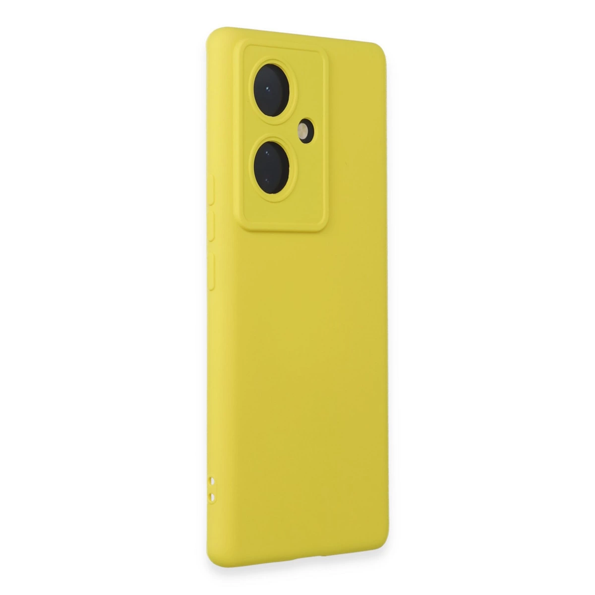 Arkada iki kamera ve flaşlı sarı telefon kılıfı.