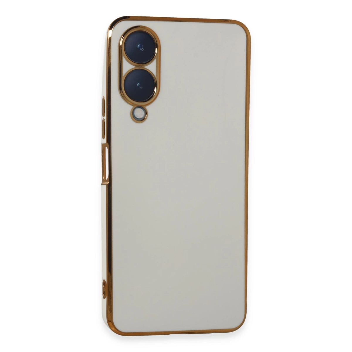 Altın çerçeveli beyaz telefon kılıfının arkası ve iki kamera lensi.