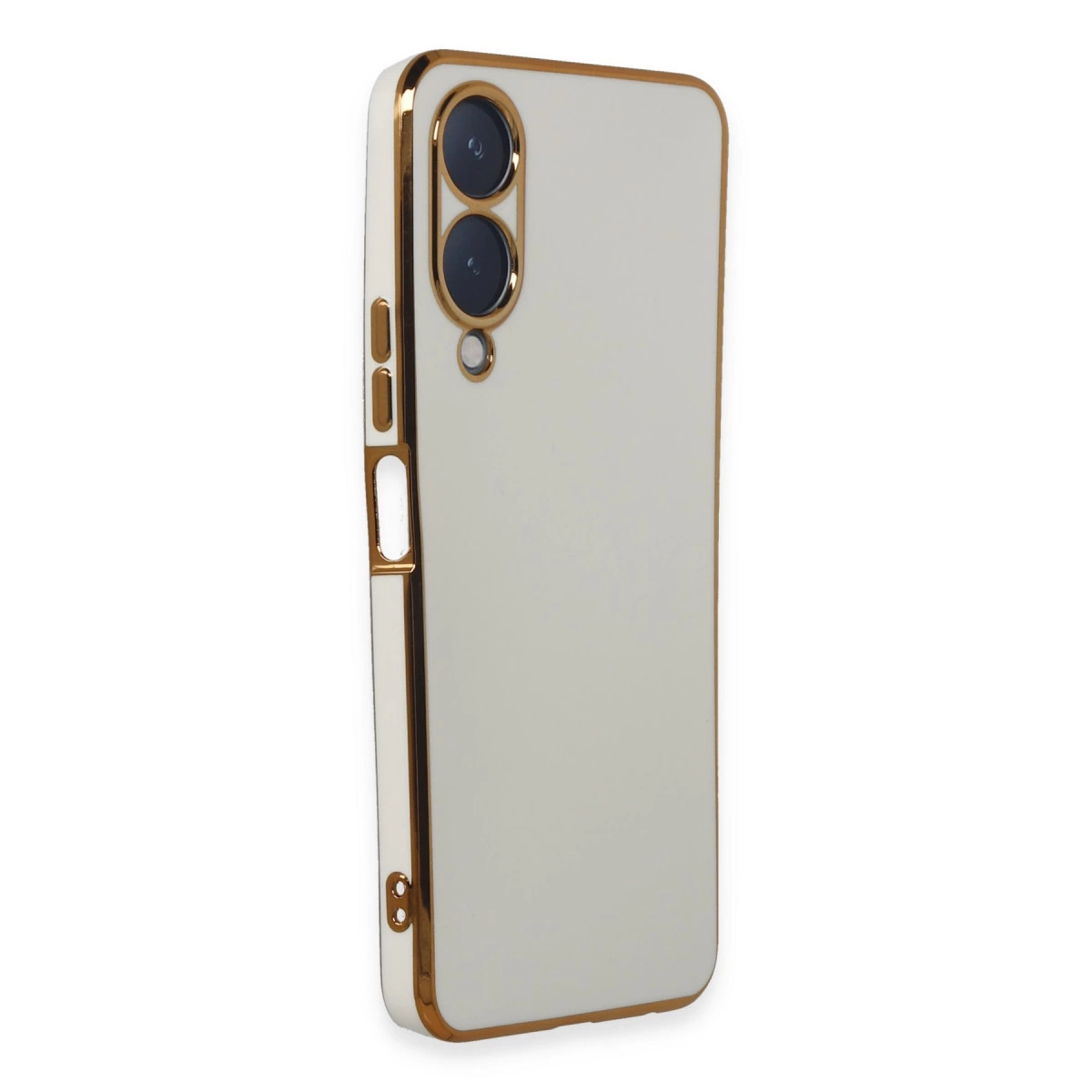 Altın kenarlı ve çift kamera kesimli beyaz telefon kılıfı.