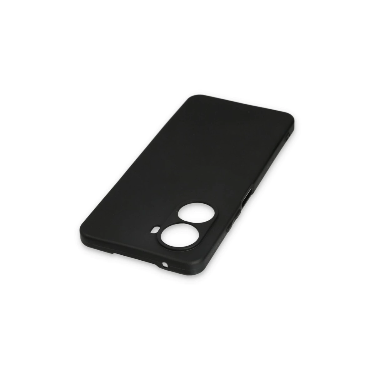 Beyaz arka plan üzerinde iki yuvarlak kamera kesimli siyah telefon kılıfı.