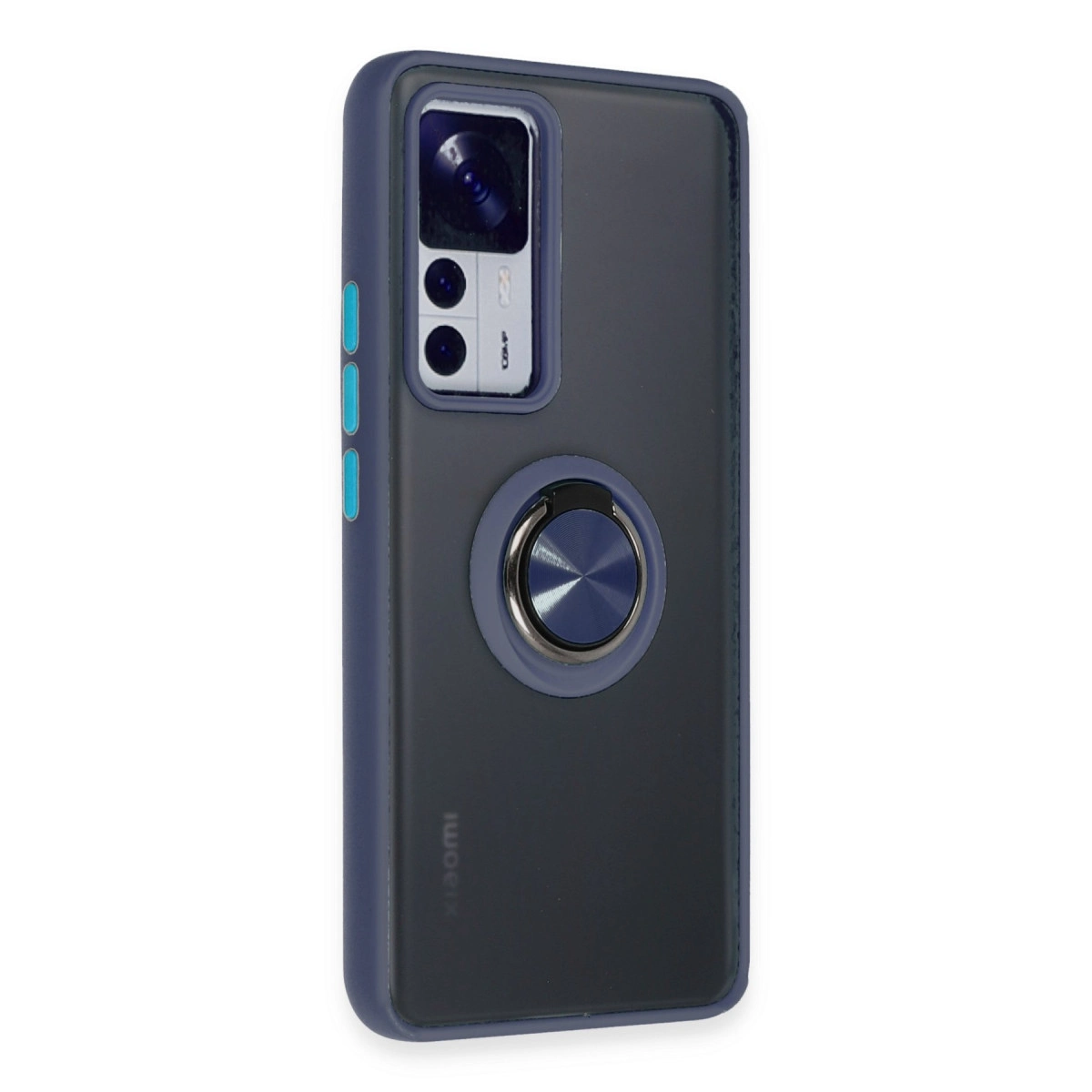 Halka tutuculu ve kamera kesimli lacivert telefon kılıfı. Xiaomi logosu.