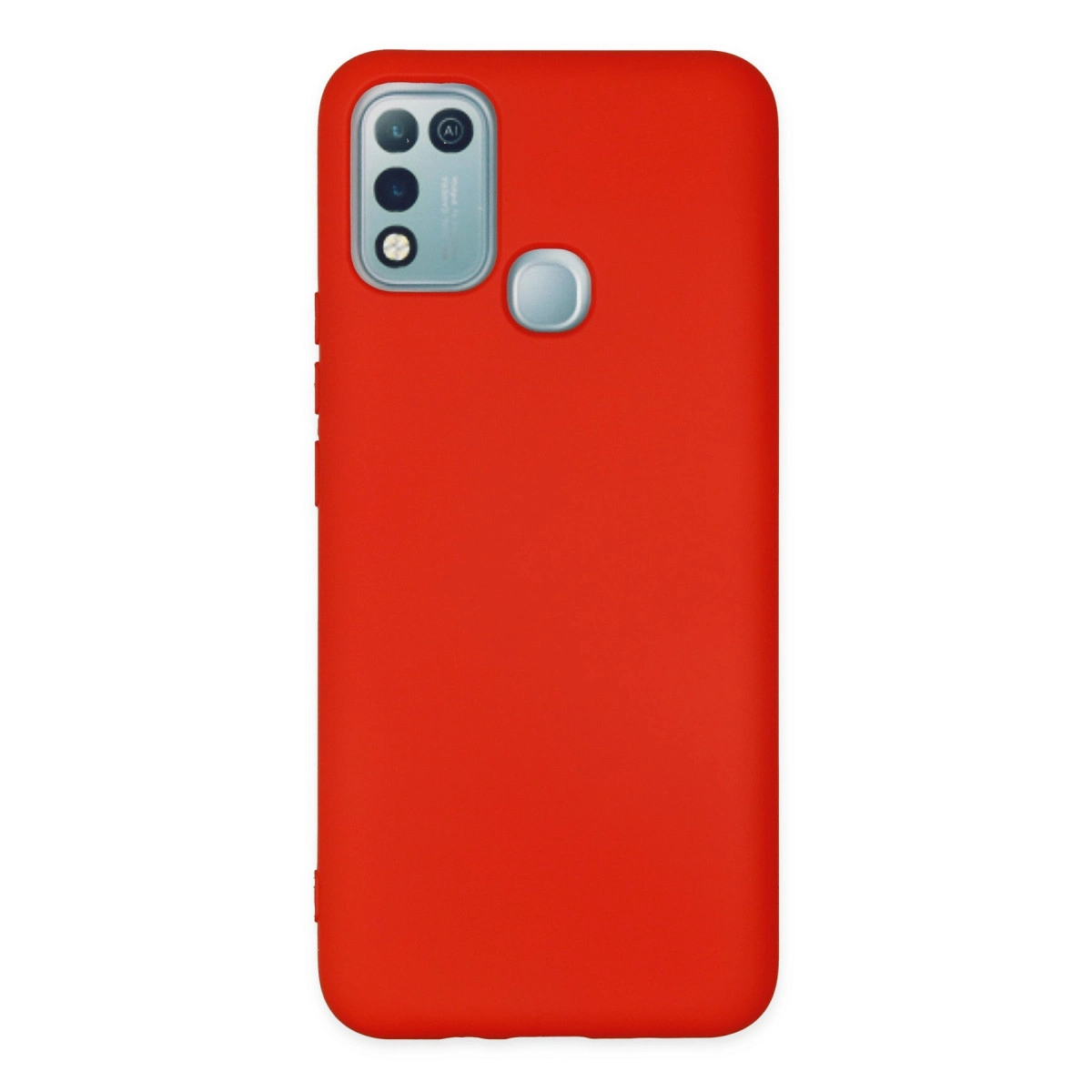 Kare kamera modülü ve parmak izi sensörlü kırmızı telefon kılıfı.