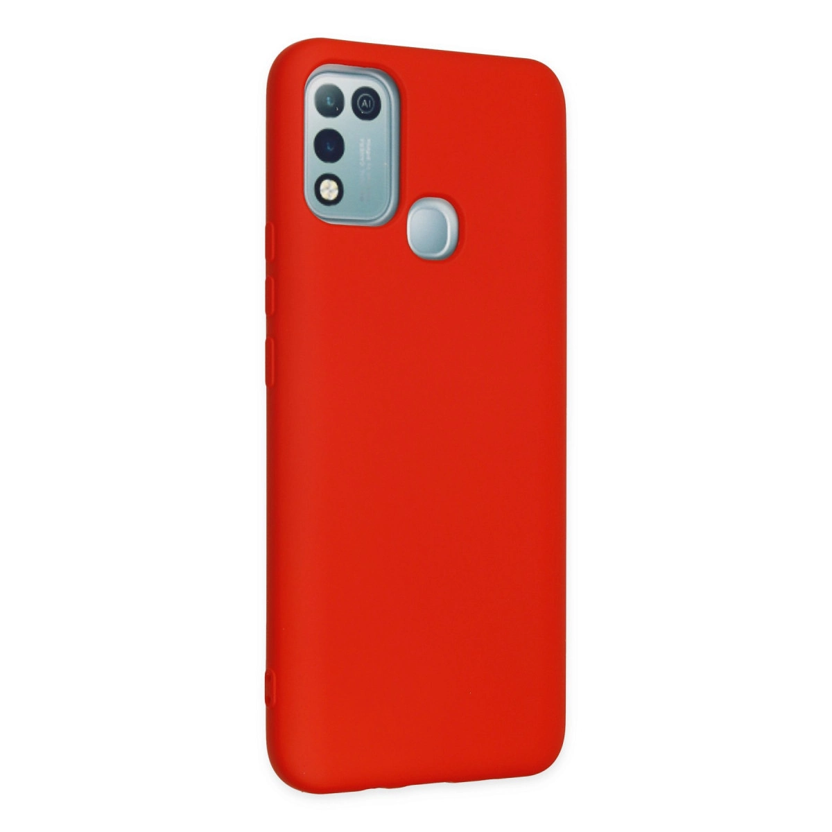 Kamera modülü ve parmak izi sensörlü kırmızı telefon kılıfı.