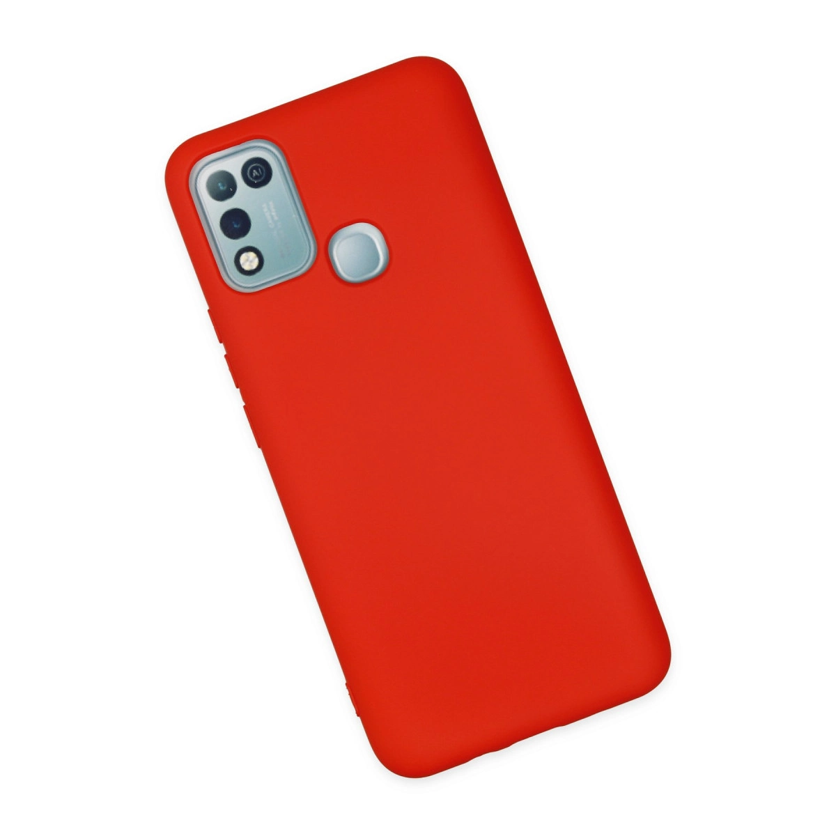 Kamera modülü ve parmak izi sensörlü kırmızı telefon kılıfı.