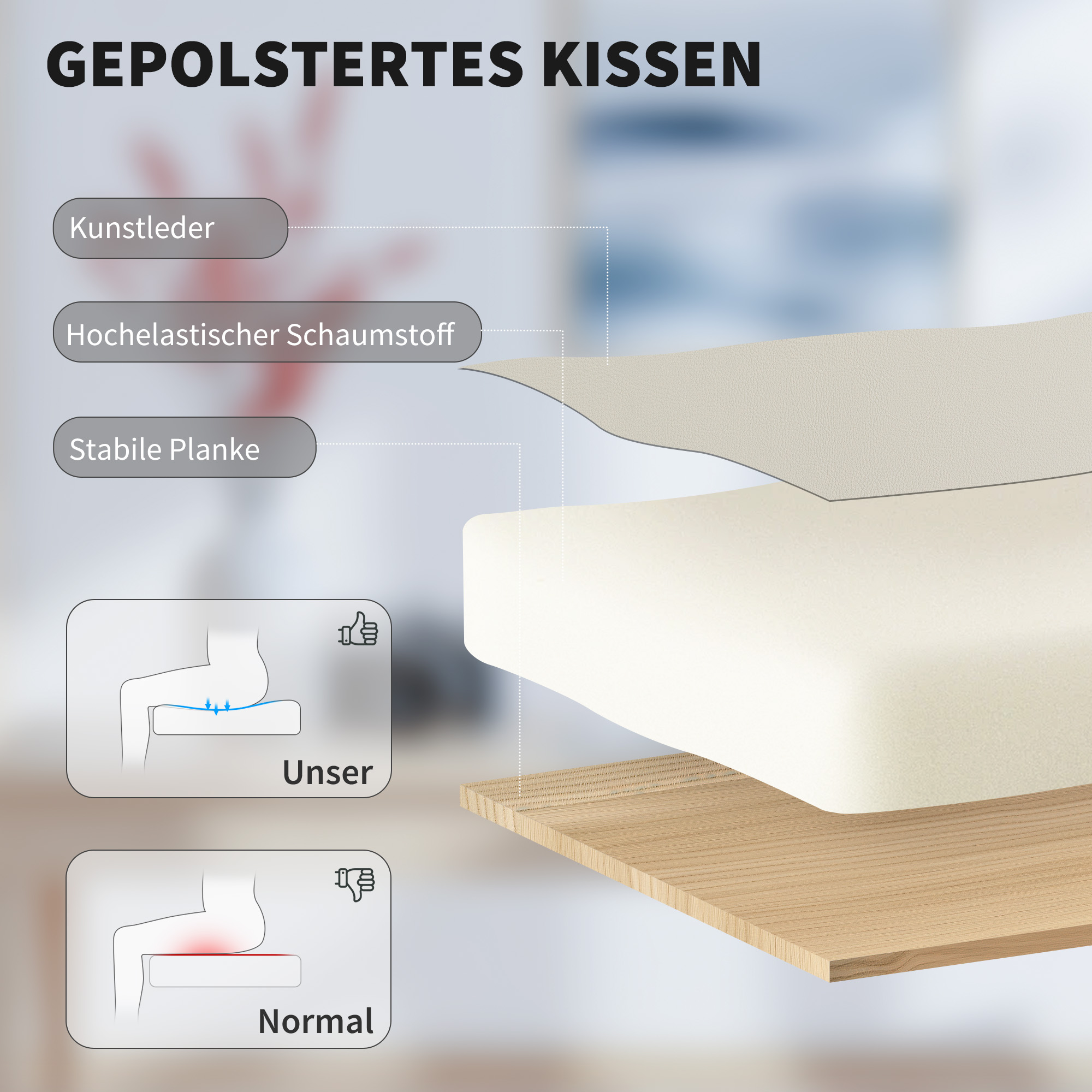 Gepolstertes Kissen mit Kunstleder, Schaumstoff und Holzplatte.
