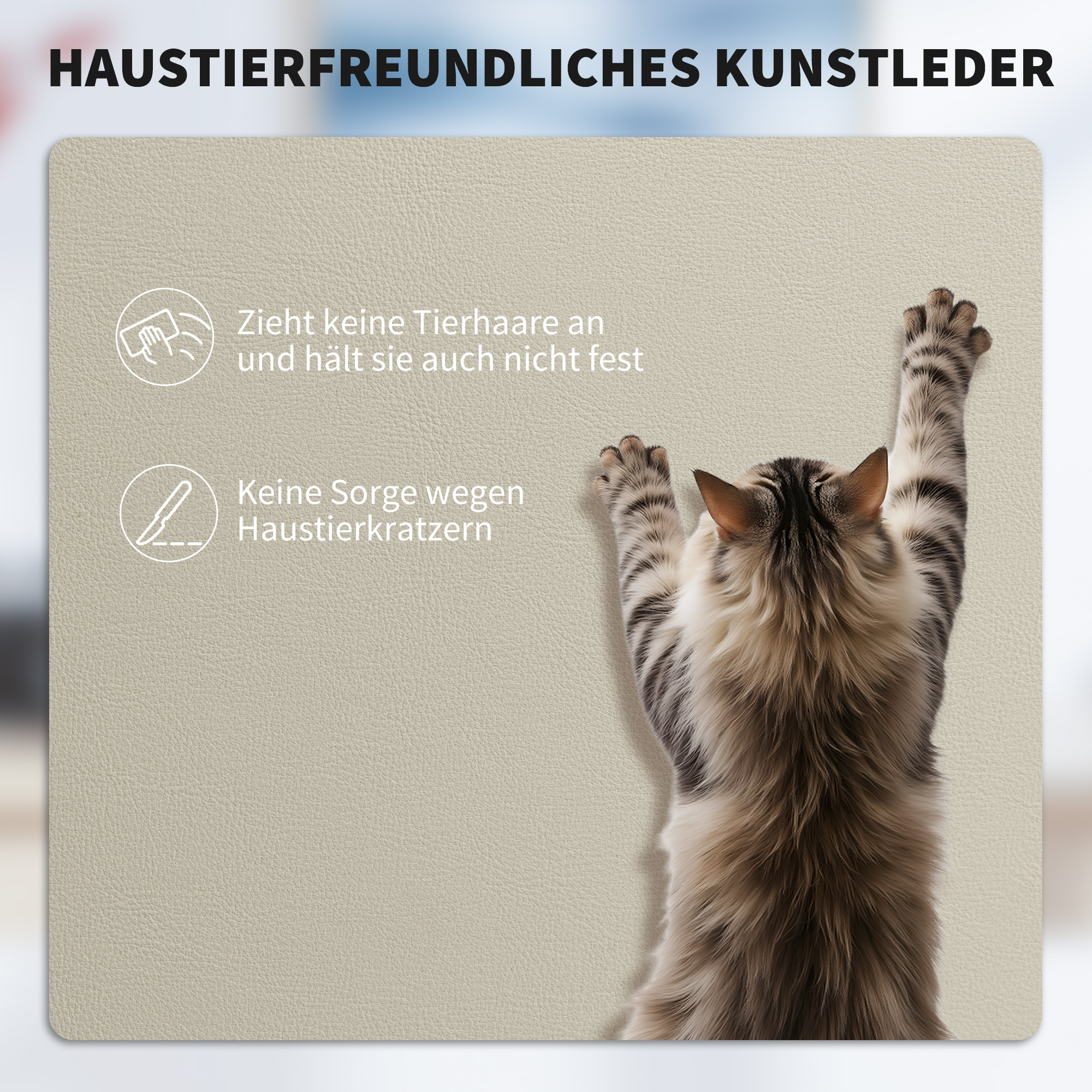 Katze streckt sich auf hellbeigem Kunstleder, das Tierhaare abweist und kratzfest ist.