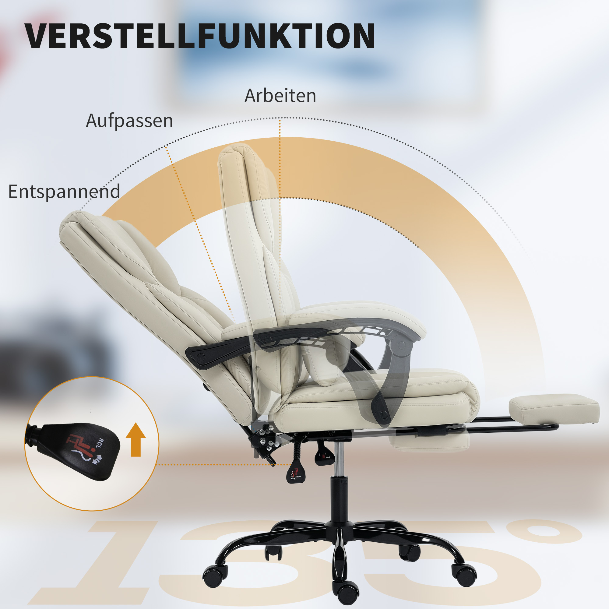 Ein beigefarbener Bürostuhl mit ausklappbarer Fußstütze und verstellbarer Rückenlehne.