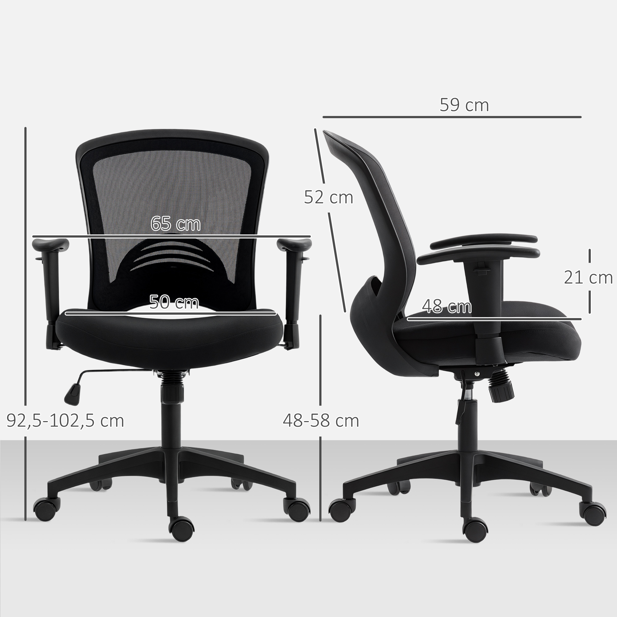 Schwarzer Bürostuhl mit Maßen: 65cm Breite, 52cm Höhe, 50cm Sitzhöhe.
