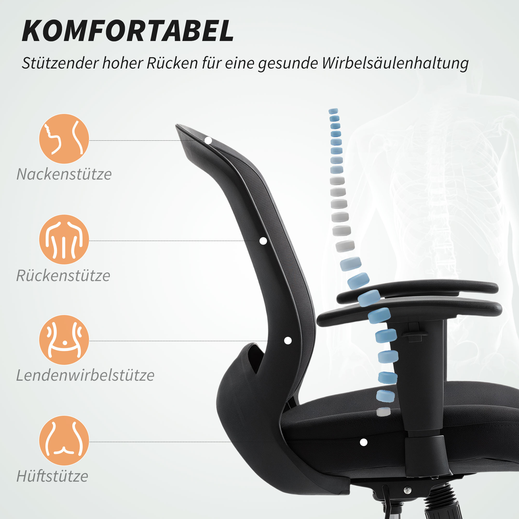 Bürostuhl mit hoher Rückenlehne für gesunde Haltung, mit Nacken-, Rücken-, Lenden- und Hüftstützen.