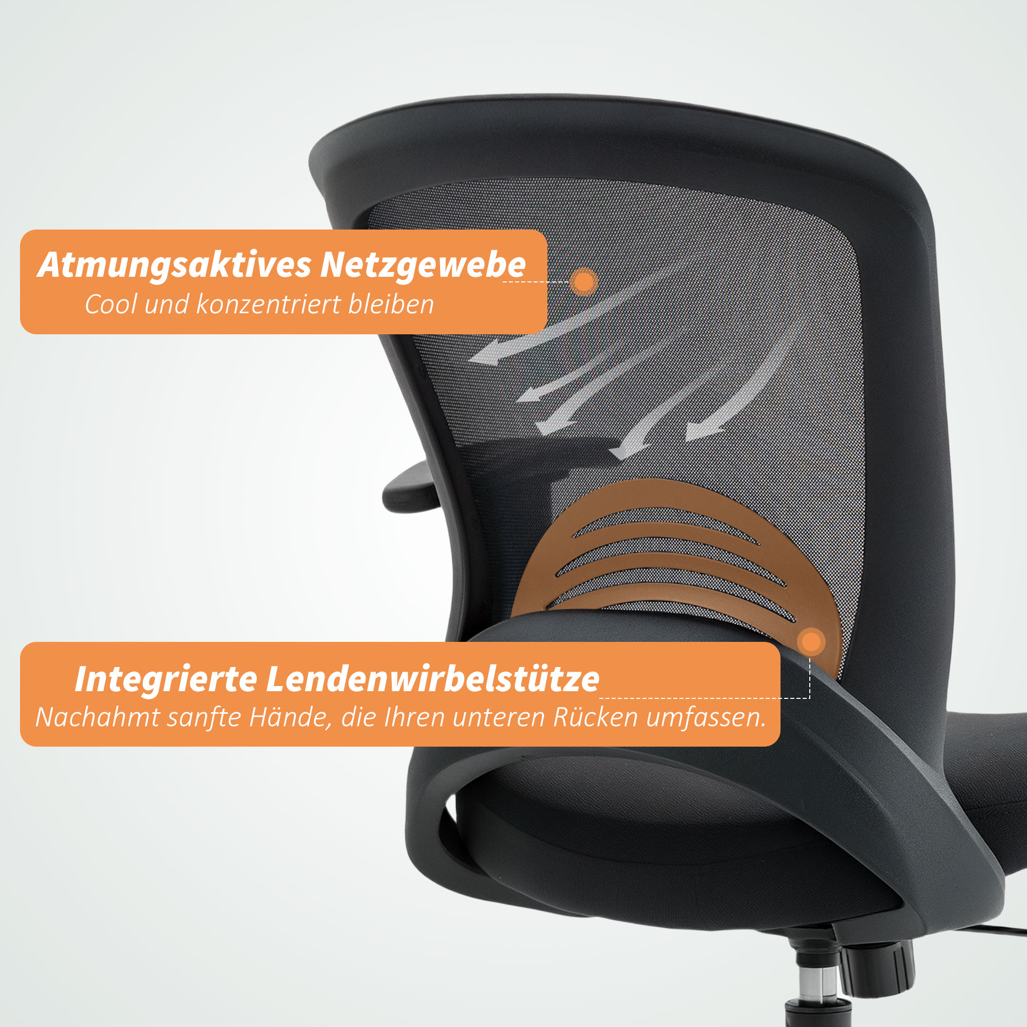 Schwarzer Bürostuhl mit Netzrücken und Lendenwirbelstütze.
