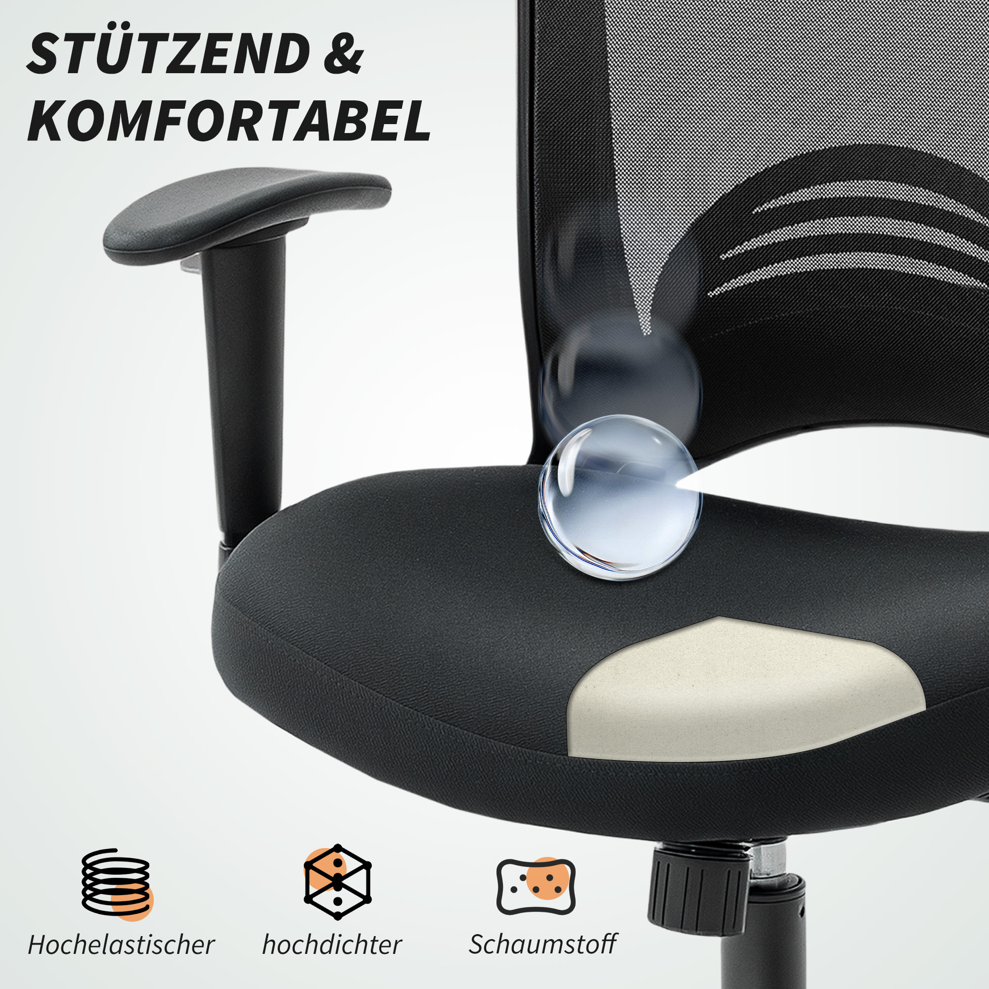 Schwarzer Bürostuhl mit gepolstertem Sitz und Netzrücken. Icons für Elastizität.