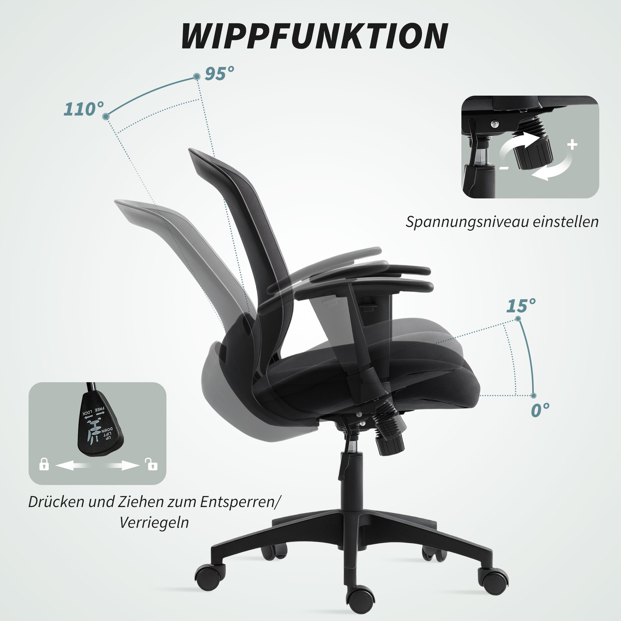 Schreibtischstuhl mit Kippfunktion, 0-15 Grad Neigung, Spannungseinstellung.