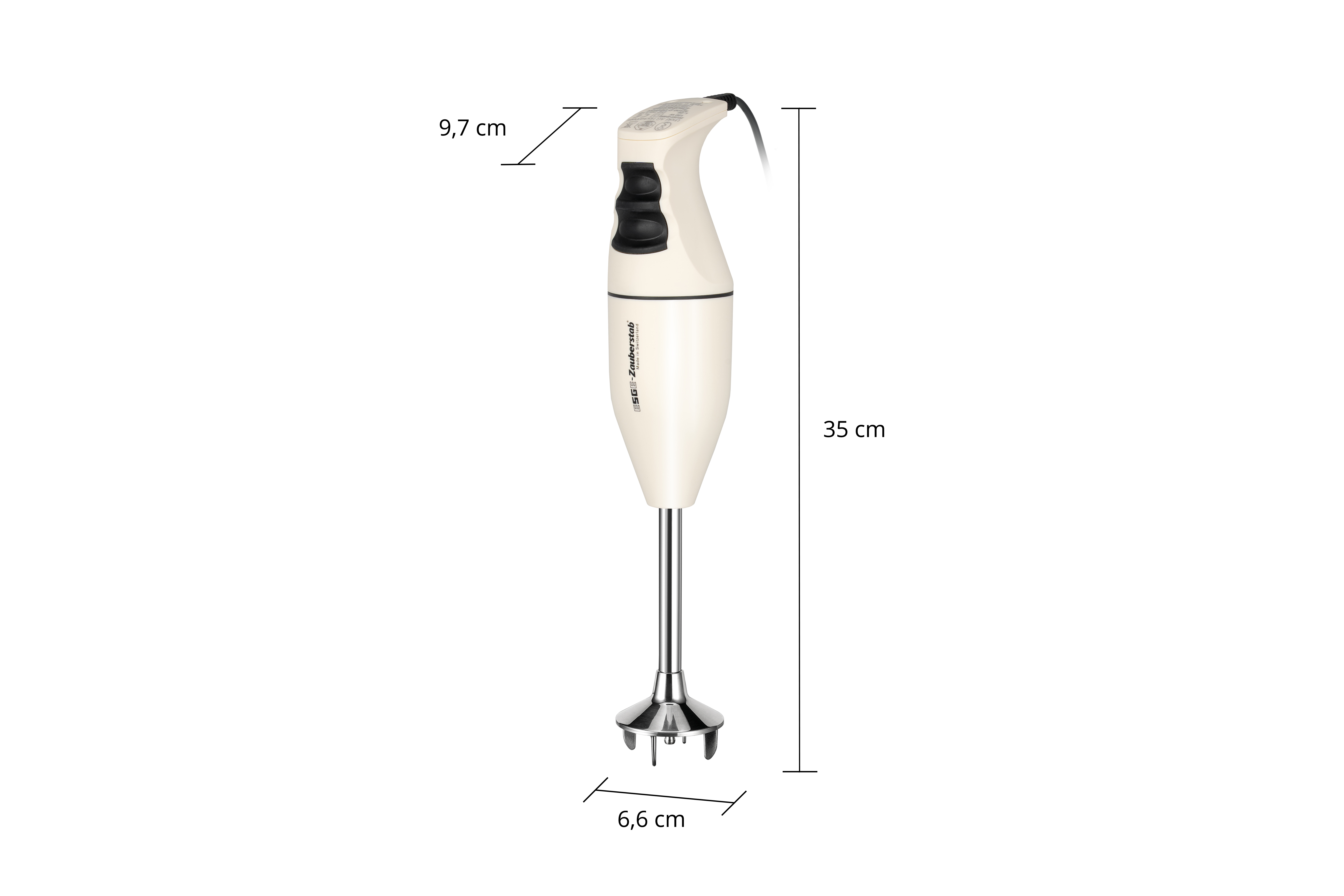 Ein cremefarbener Stabmixer mit schwarzen Tasten und silbernem Fuß.