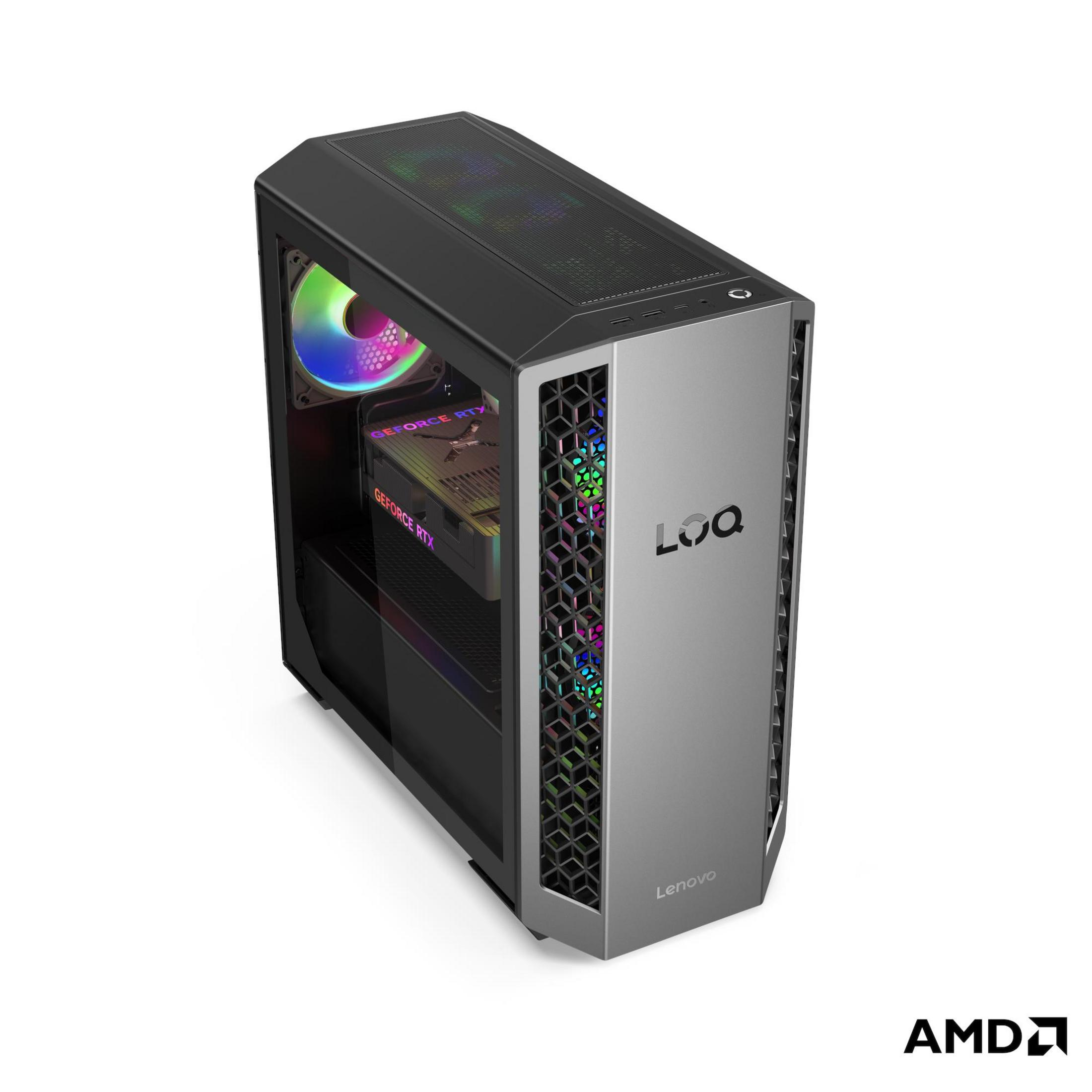 Ein schwarzer Gaming-PC mit RGB-Lüfter und silberner Front mit LOQ-Logo.