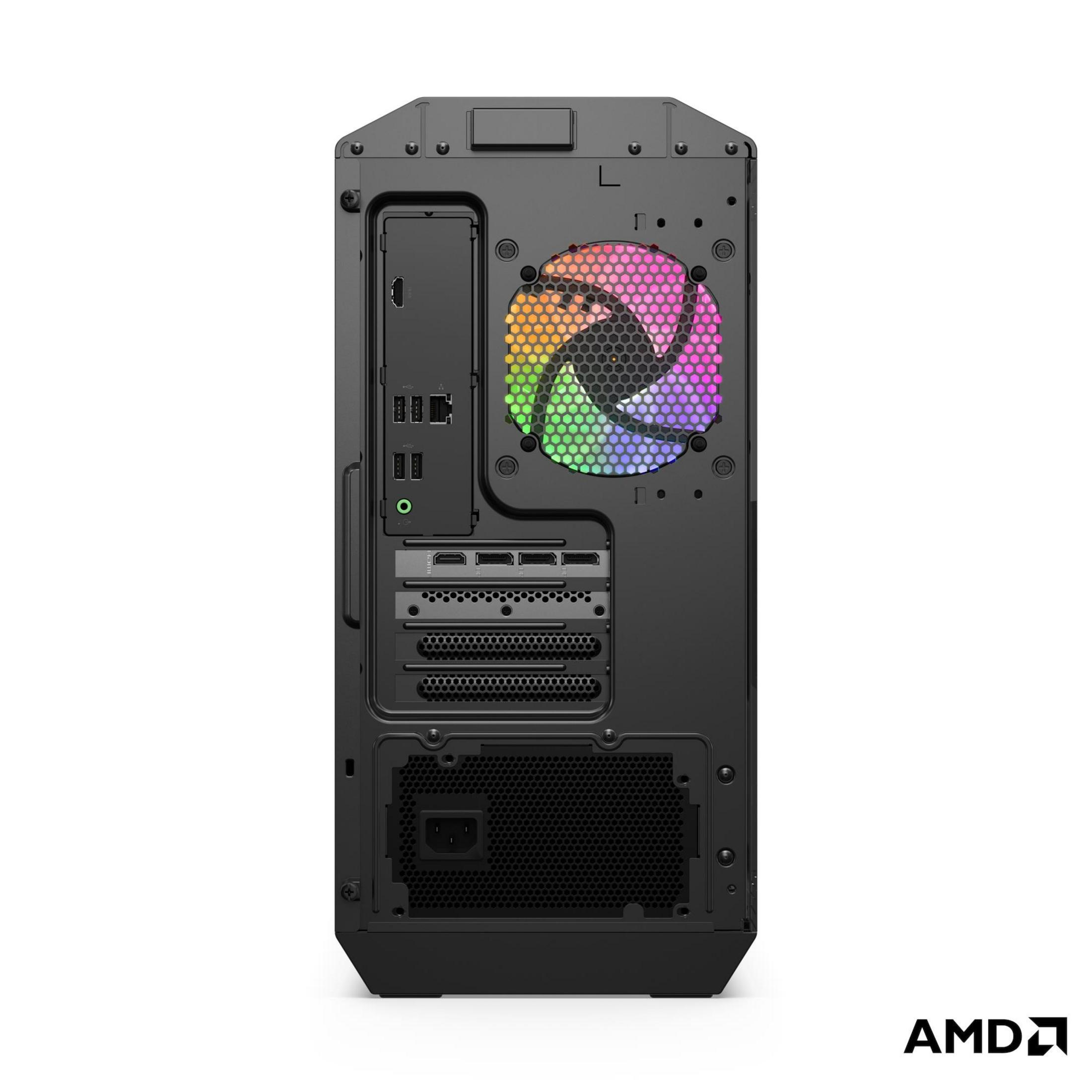 Rückseite eines schwarzen PC-Gehäuses mit Anschlüssen, Lüfter und AMD-Logo.