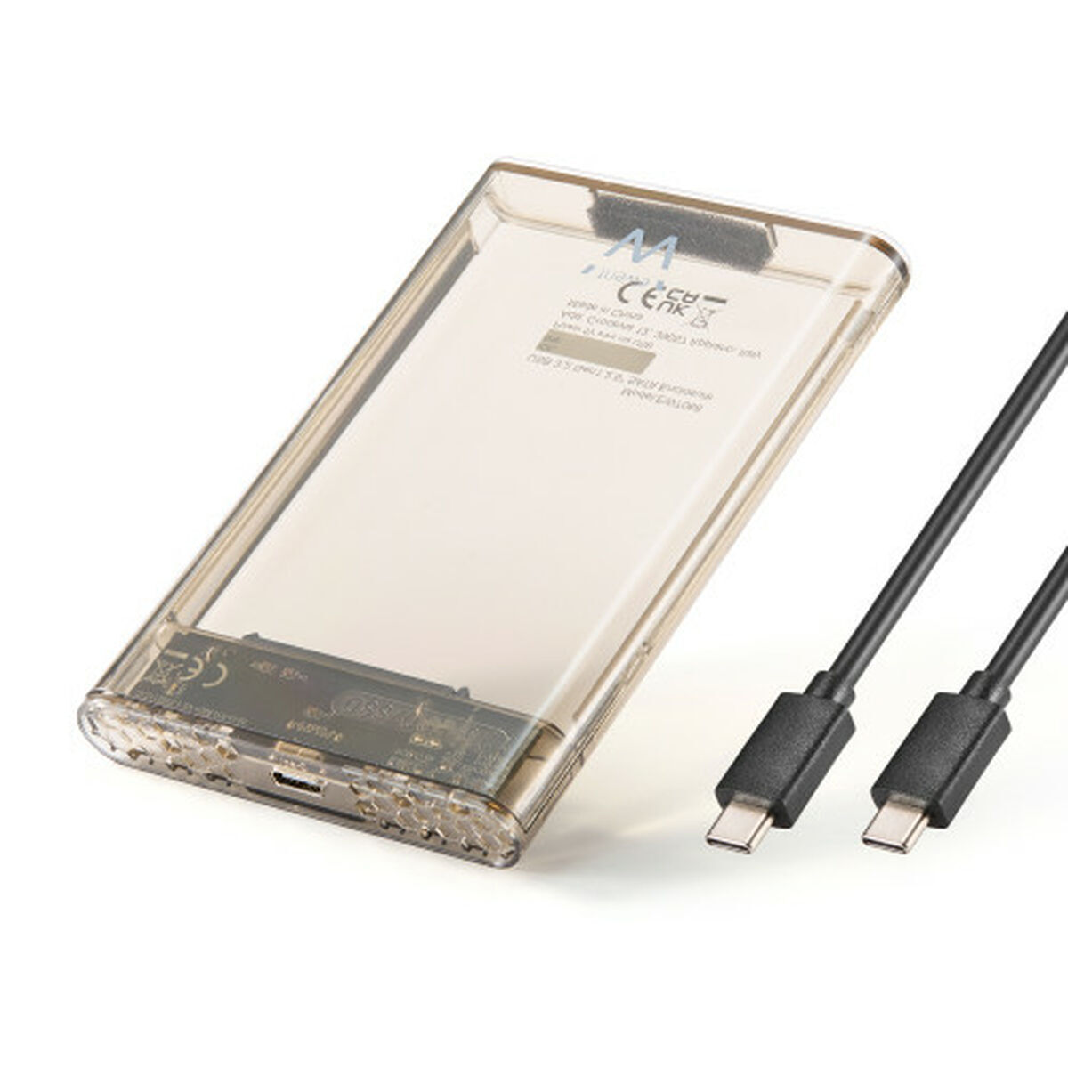 Ein transparenter Festplatten-Adapter mit zwei USB-C-Kabeln.