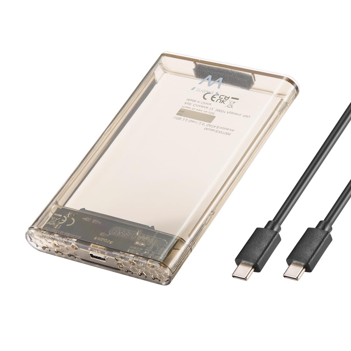Transparenter externer Festplattengehäuse mit zwei USB-C-Kabeln.