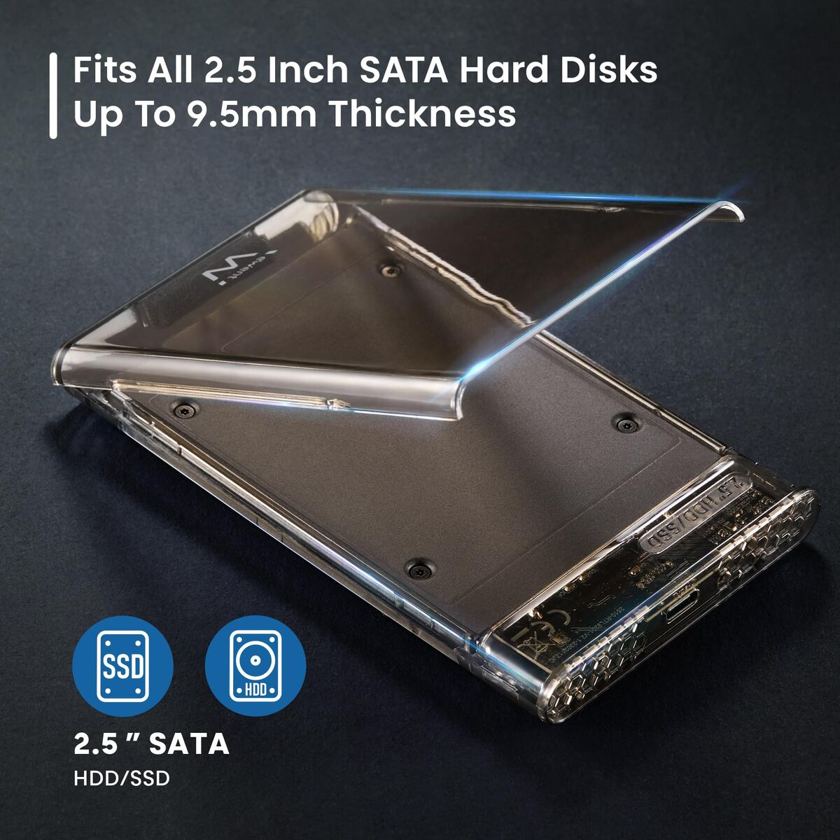 Transparenter Gehäuselünette für 2,5-Zoll-SATA-Festplatten bis 9,5 mm Dicke.