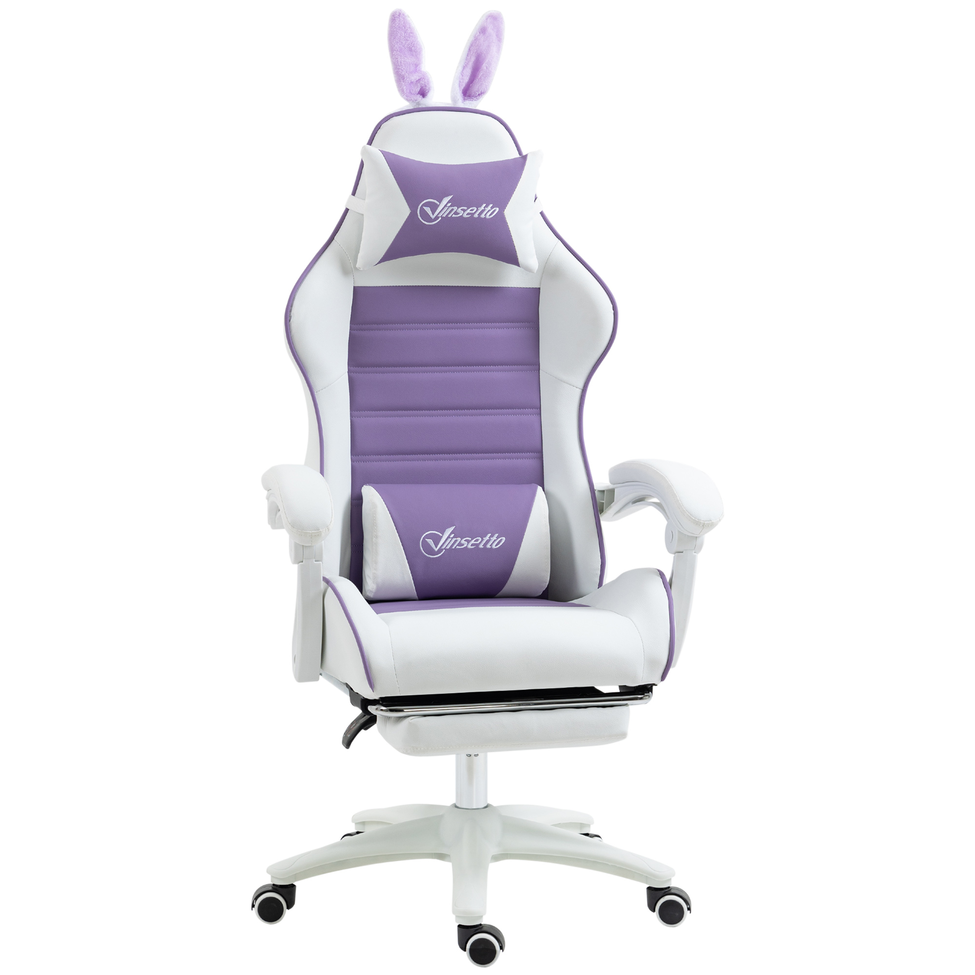 Ein weißer Gaming-Stuhl mit lila Akzenten und Hasenohren.