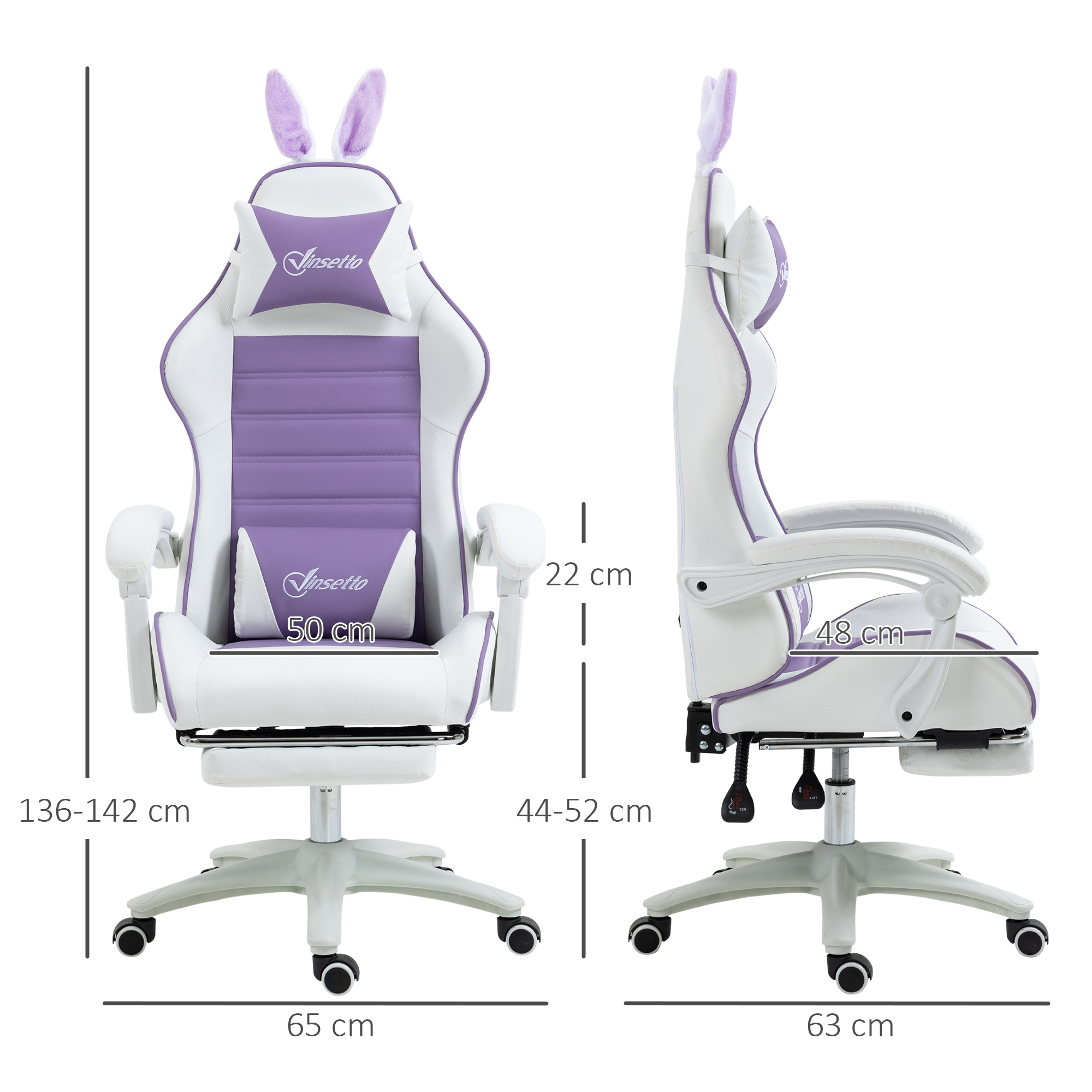 Weißer und violetter Gaming-Stuhl mit Hasenohren, Vorder- und Seitenansicht mit Maßen.