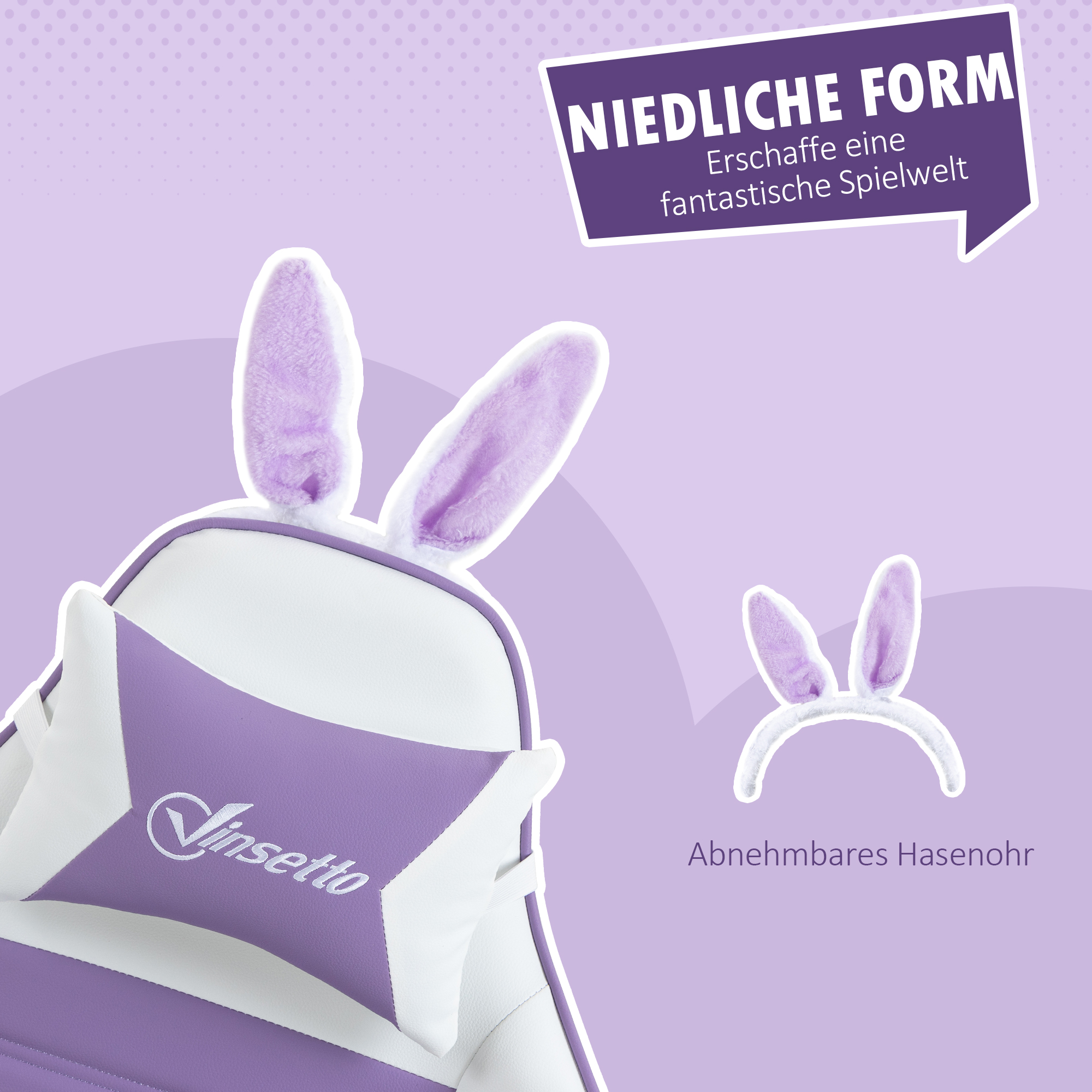 Ein weiß-lila Stuhl mit Hasenohren und ein Stirnband mit Hasenohren.