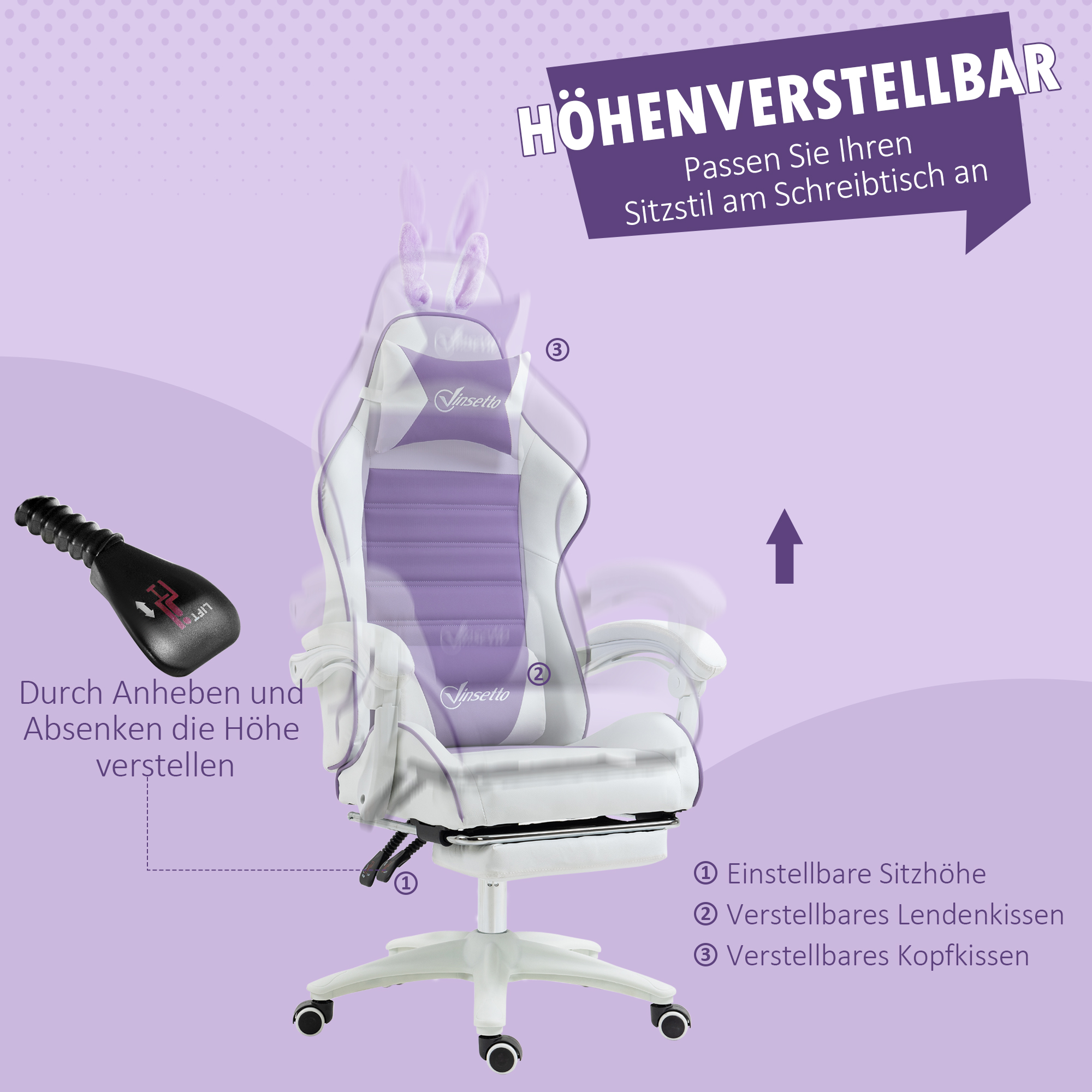 Ein verstellbarer weißer und violetter Gaming-Stuhl mit Kopf- und Lendenkissen.