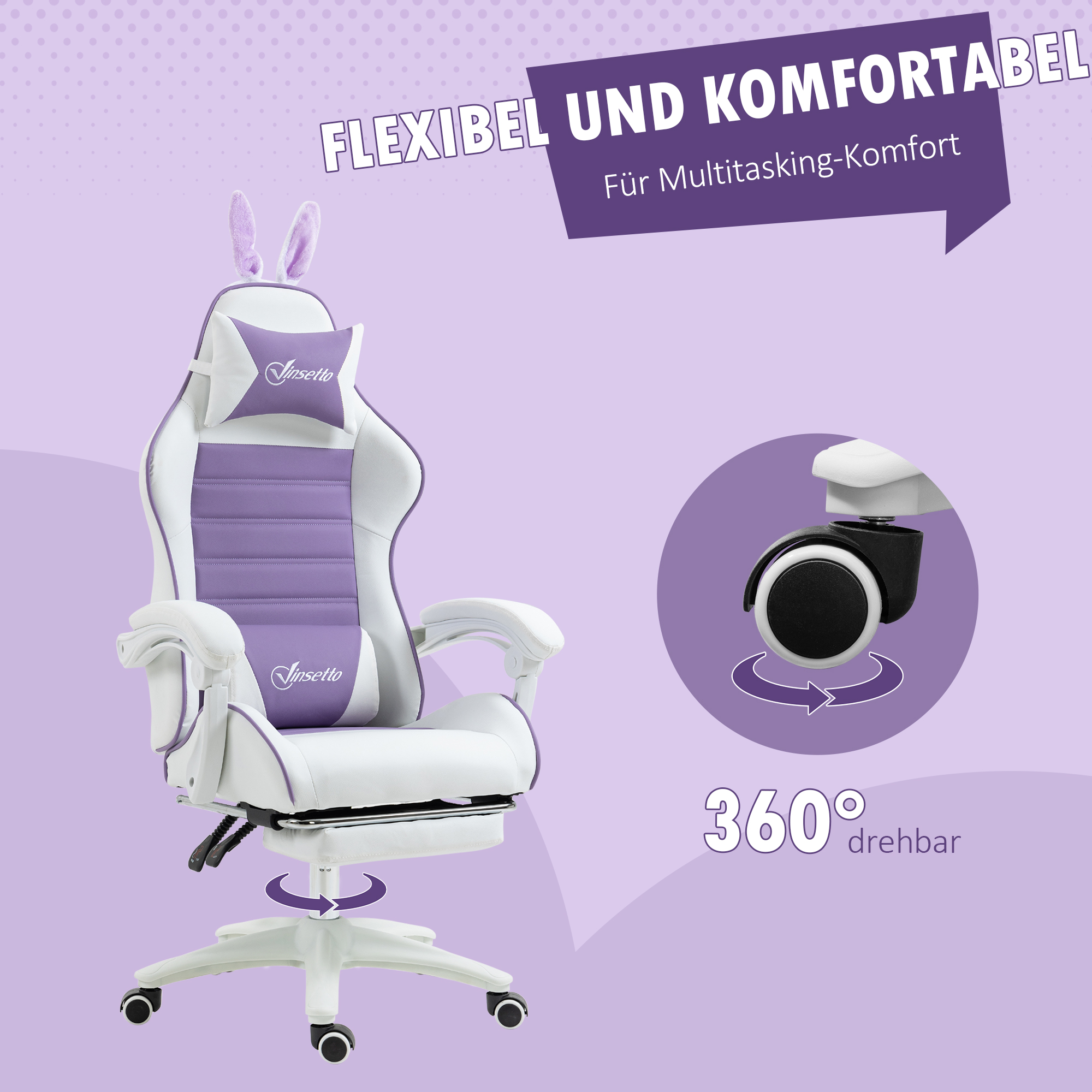 Ein weißer und violetter Gaming-Stuhl mit Hasenohren und Nackenkissen.
