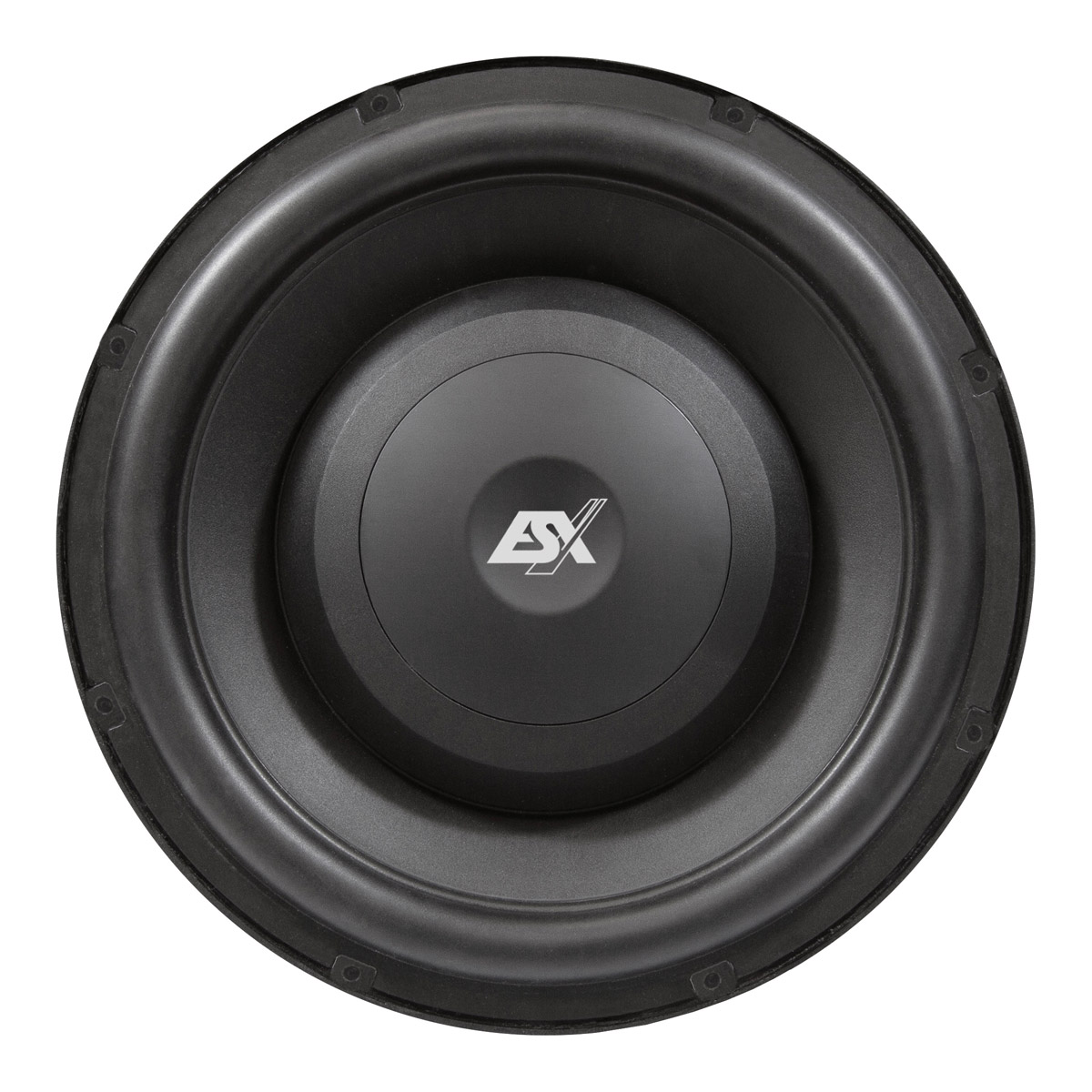 Schwarzer Subwoofer mit silbernem Logo in der Mitte.