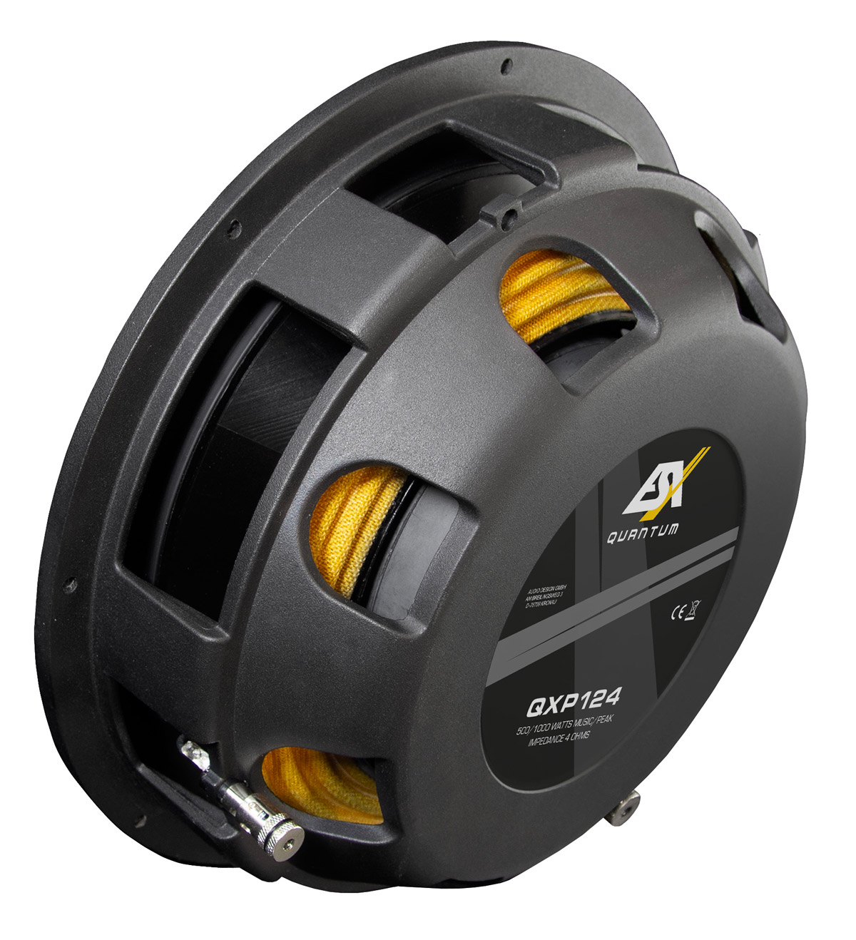 Schwarzer Subwoofer mit gelben Spulen und silbernen Anschlüssen.