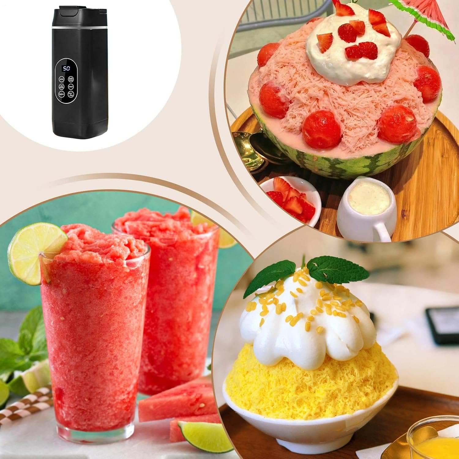 Schwarzer Mixer, pinkes Wassereis in Wassermelone und gelber Wassereis-Dessert.