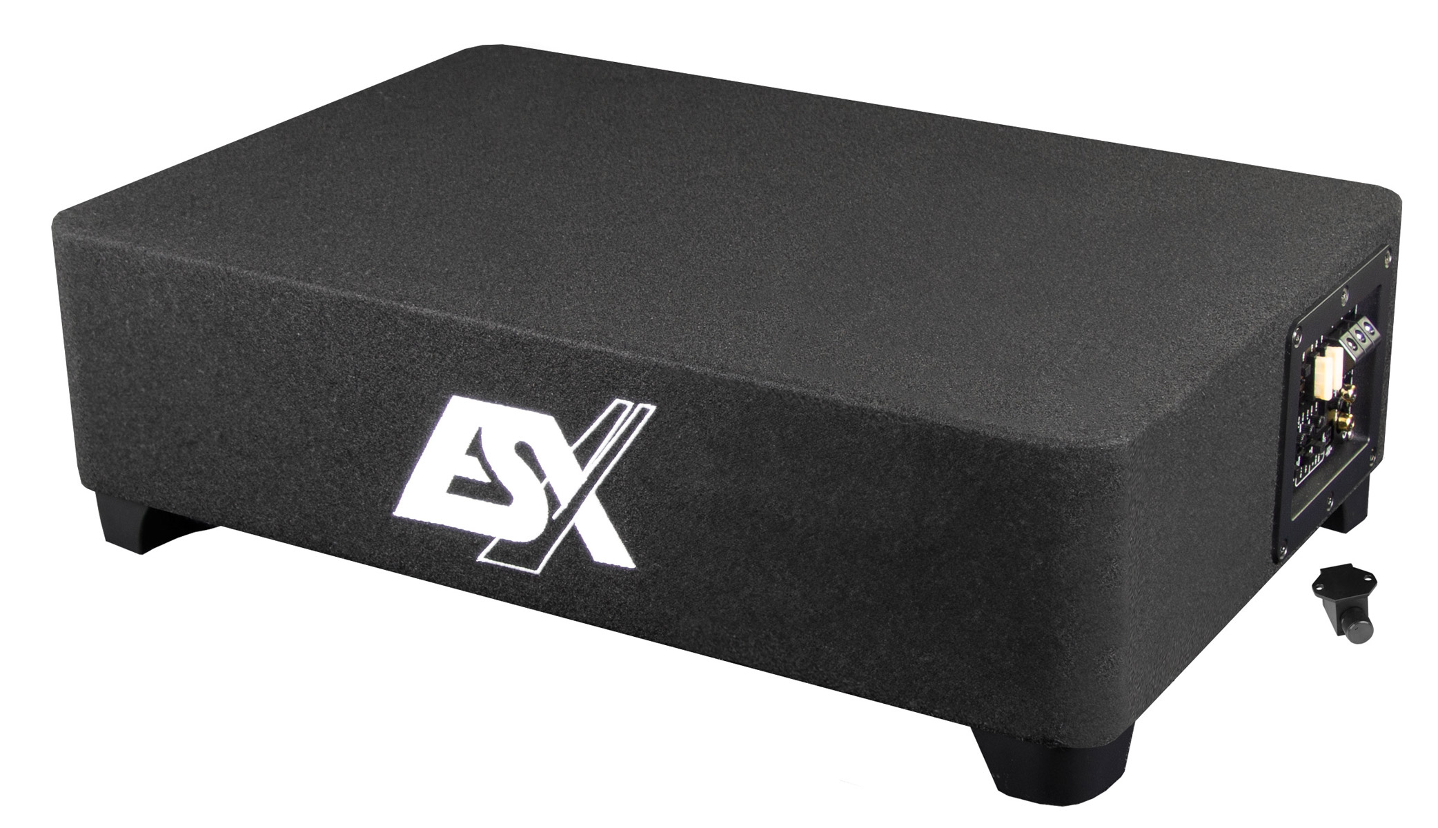 Schwarzer Subwoofer mit ESX-Logo, auf vier Füßen stehend.