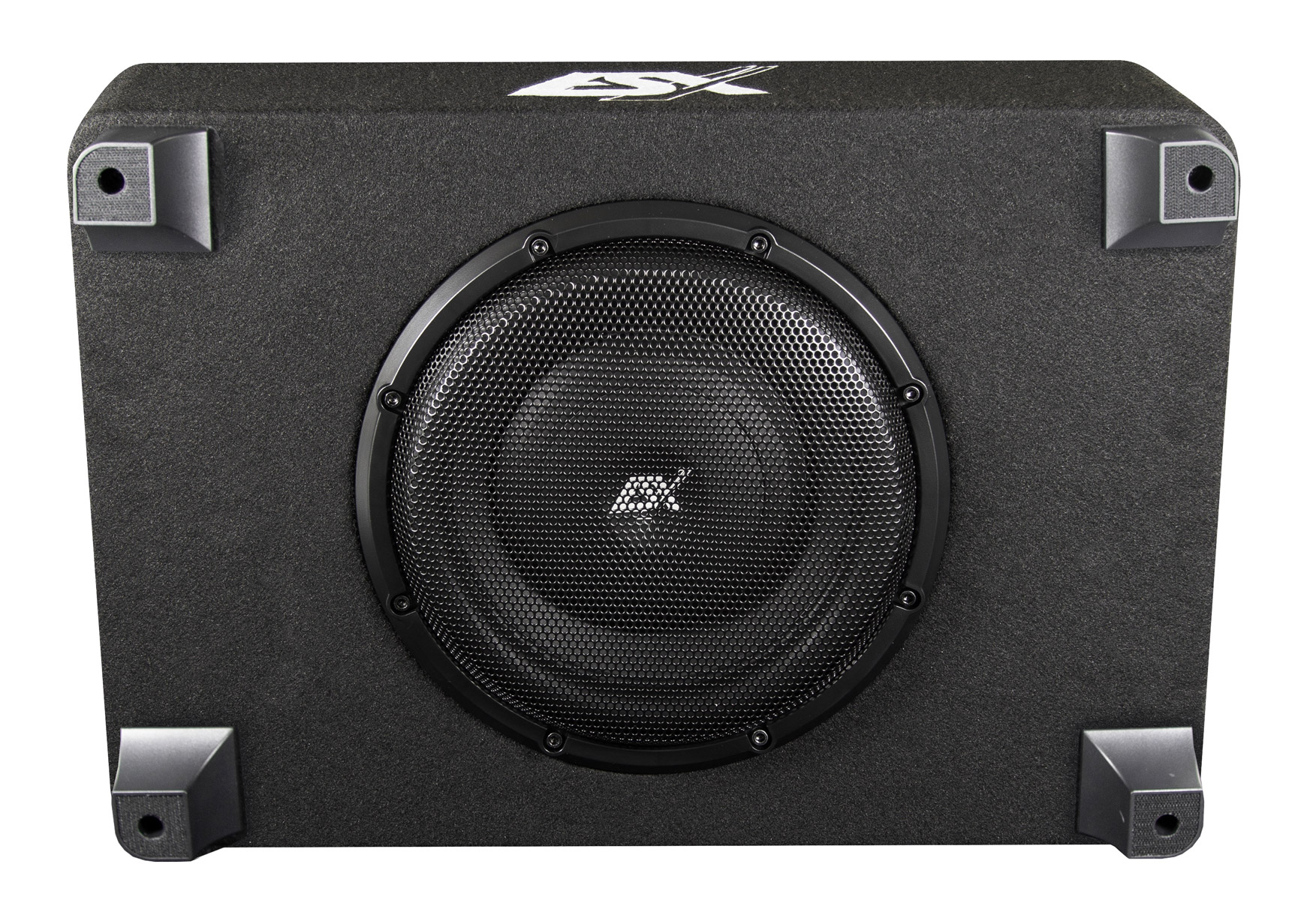Ein schwarzer Subwoofer mit silbernem Gitter und Logo.