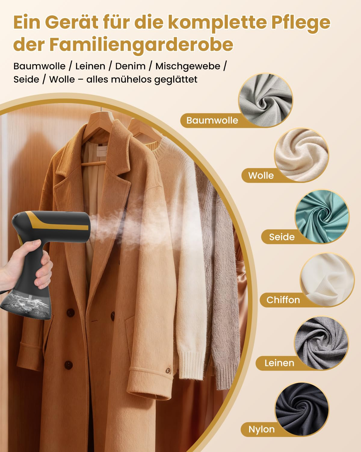 Ein Handdampfer glättet Kleidung aus Baumwolle, Wolle, Seide, Chiffon, Leinen und Nylon.