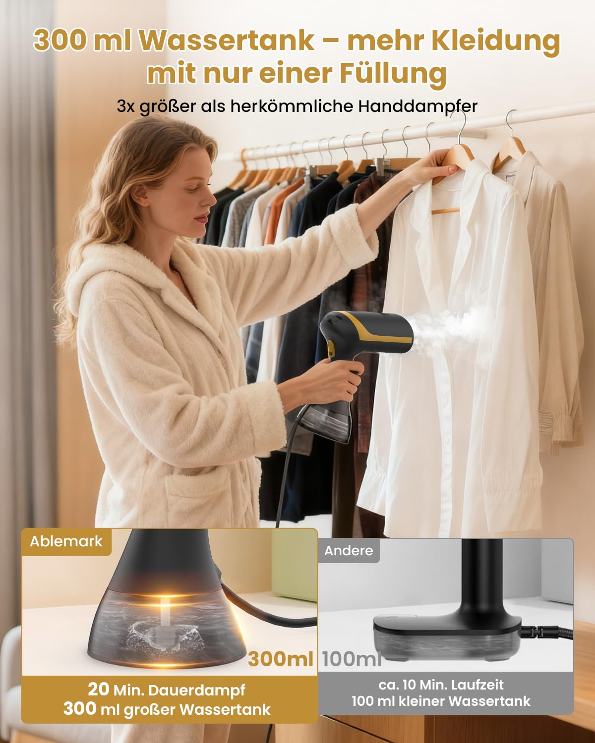 Frau bügelt Kleidung mit einem Dampfglätter, der einen großen Wassertank hat.