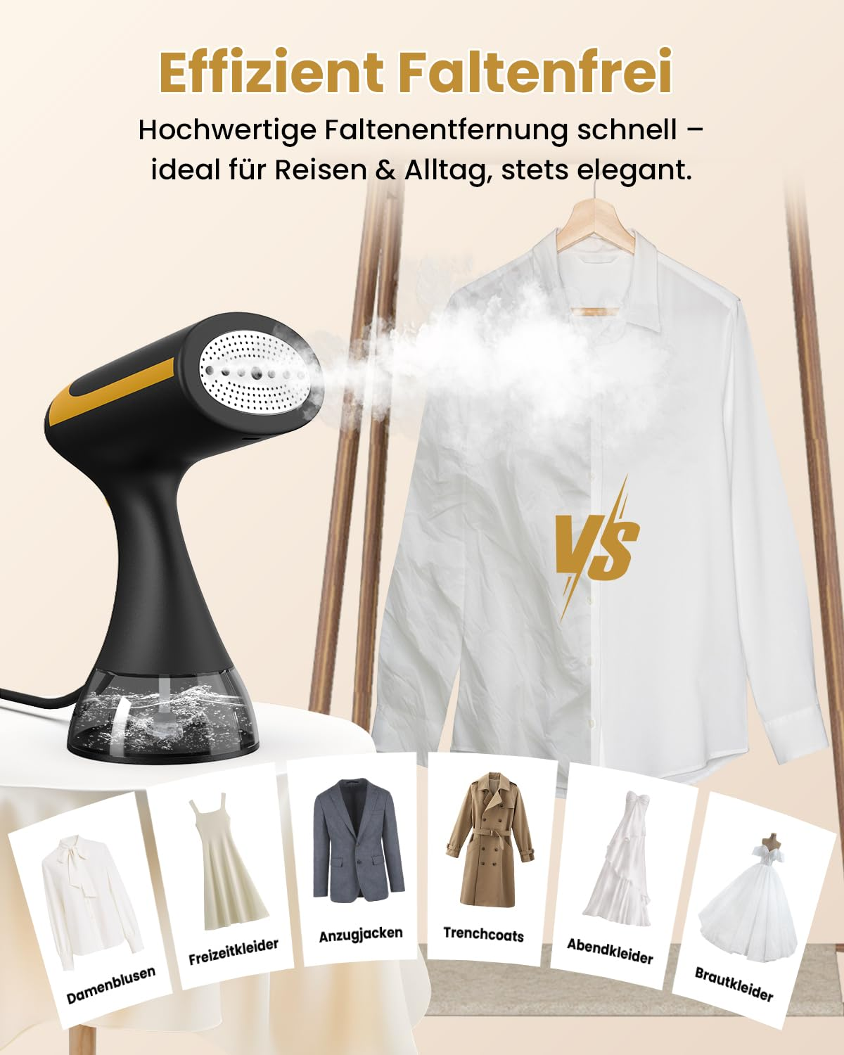 Ein Dampfglätter entfernt Falten von Kleidung. Verschiedene Kleidungsstücke sind abgebildet.