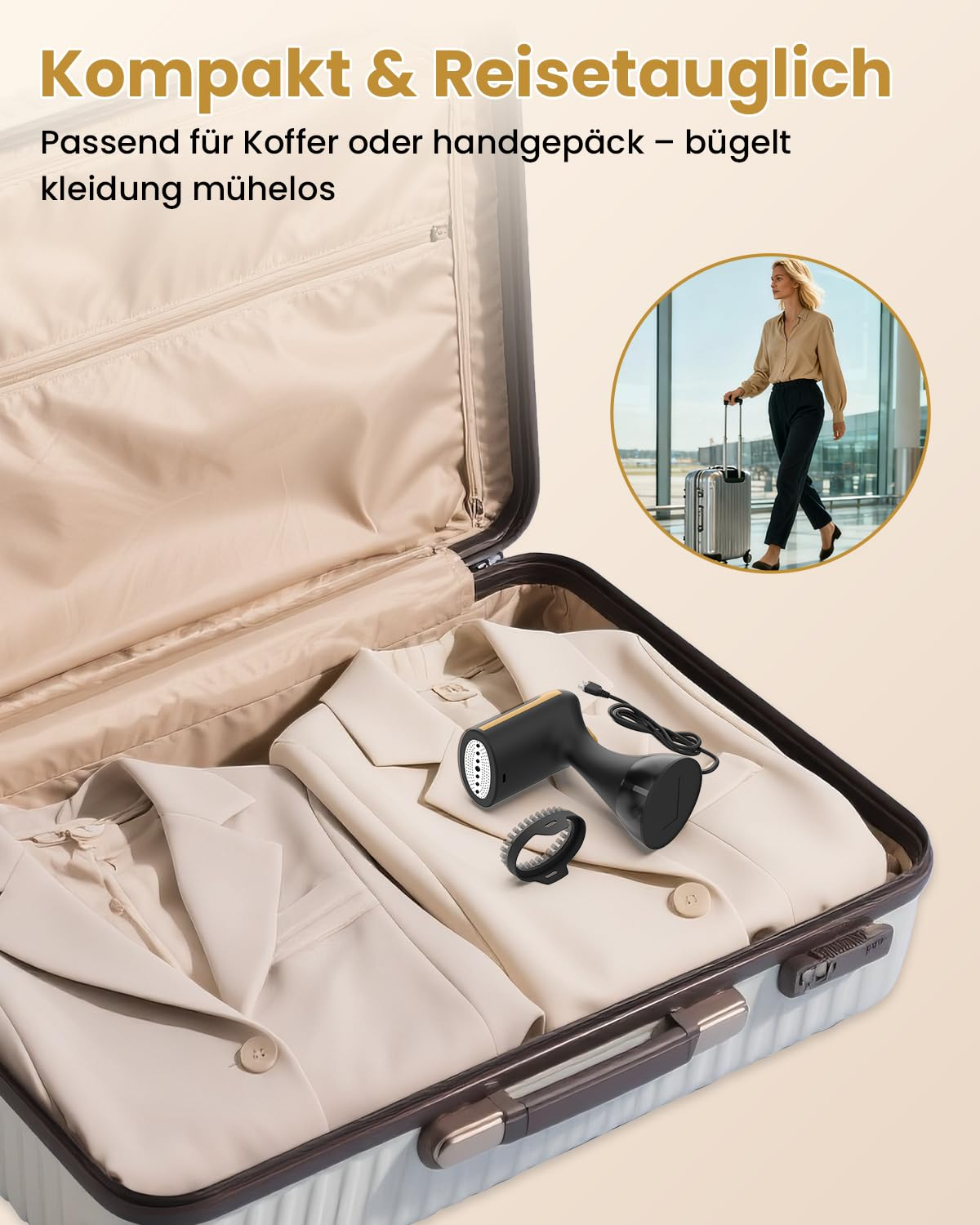 Ein tragbarer Dampfbügler liegt in einem geöffneten Koffer auf einer hellen Jacke.