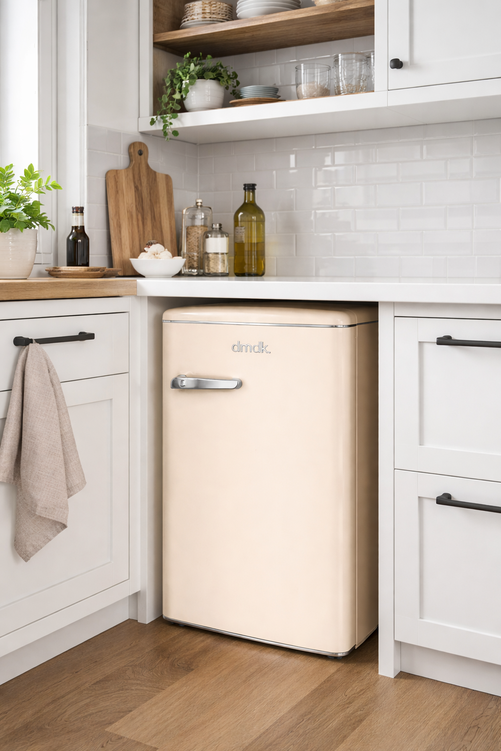 A cream-colored mini fridge sits on a wood floor next to white cabinets.