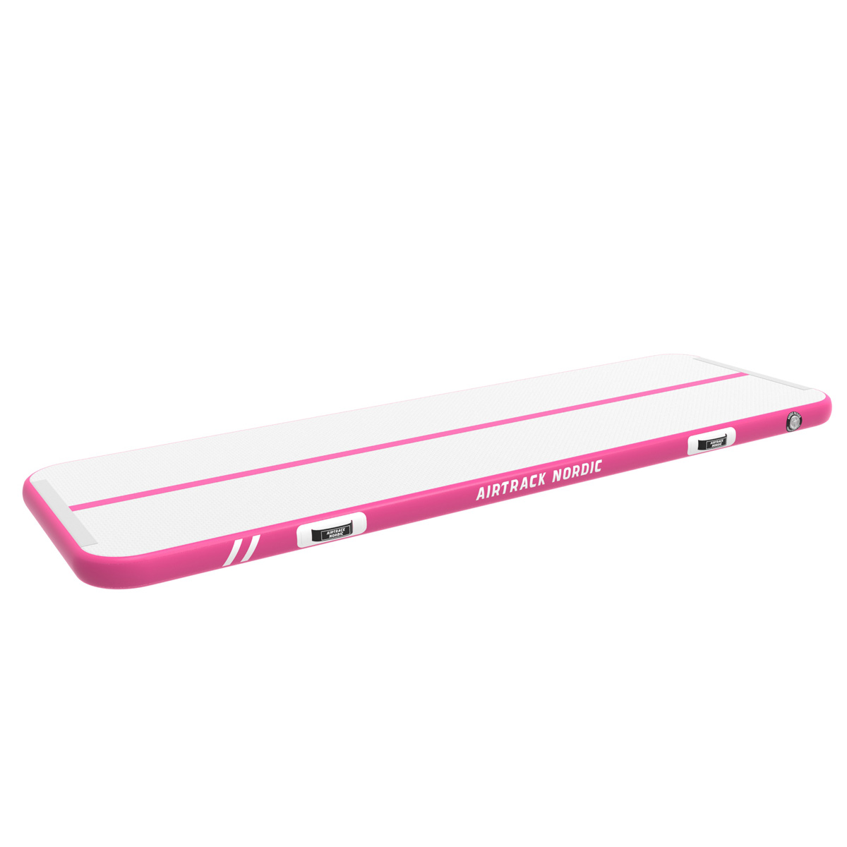 Różowy tor powietrzny z białą powierzchnią i różowymi liniami.