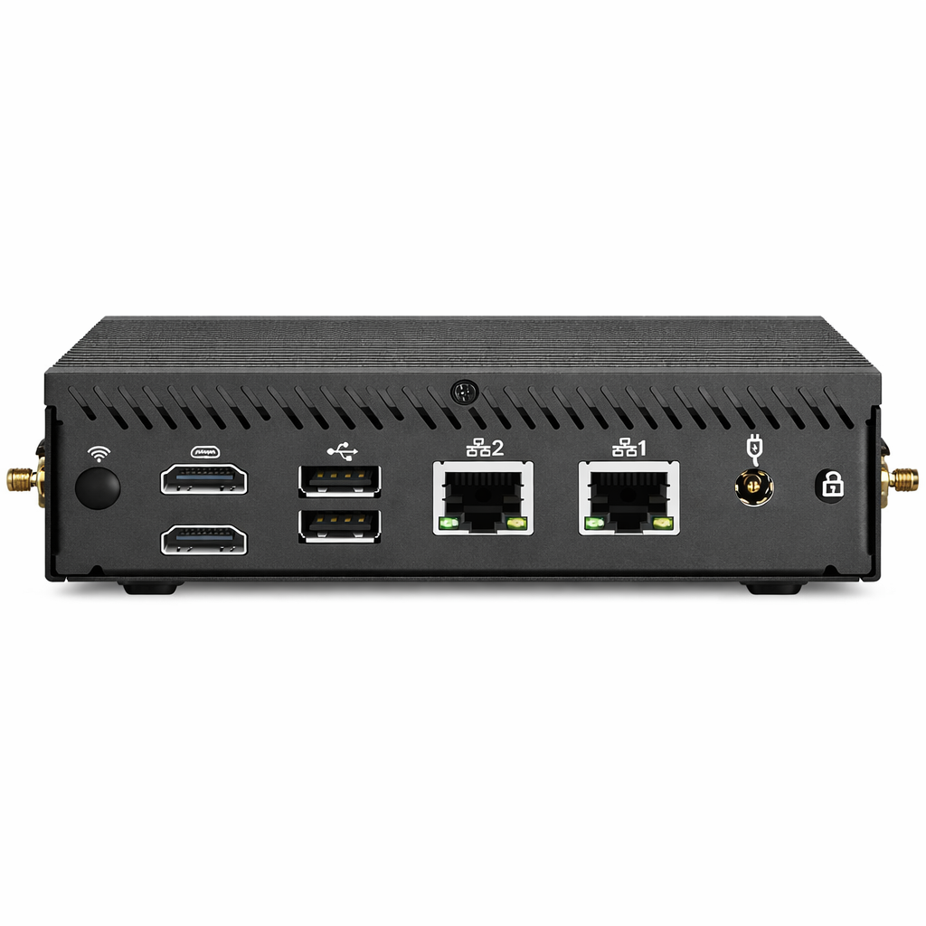 Tył czarnego mini PC z dwoma portami HDMI, dwoma USB i dwoma portami Ethernet.