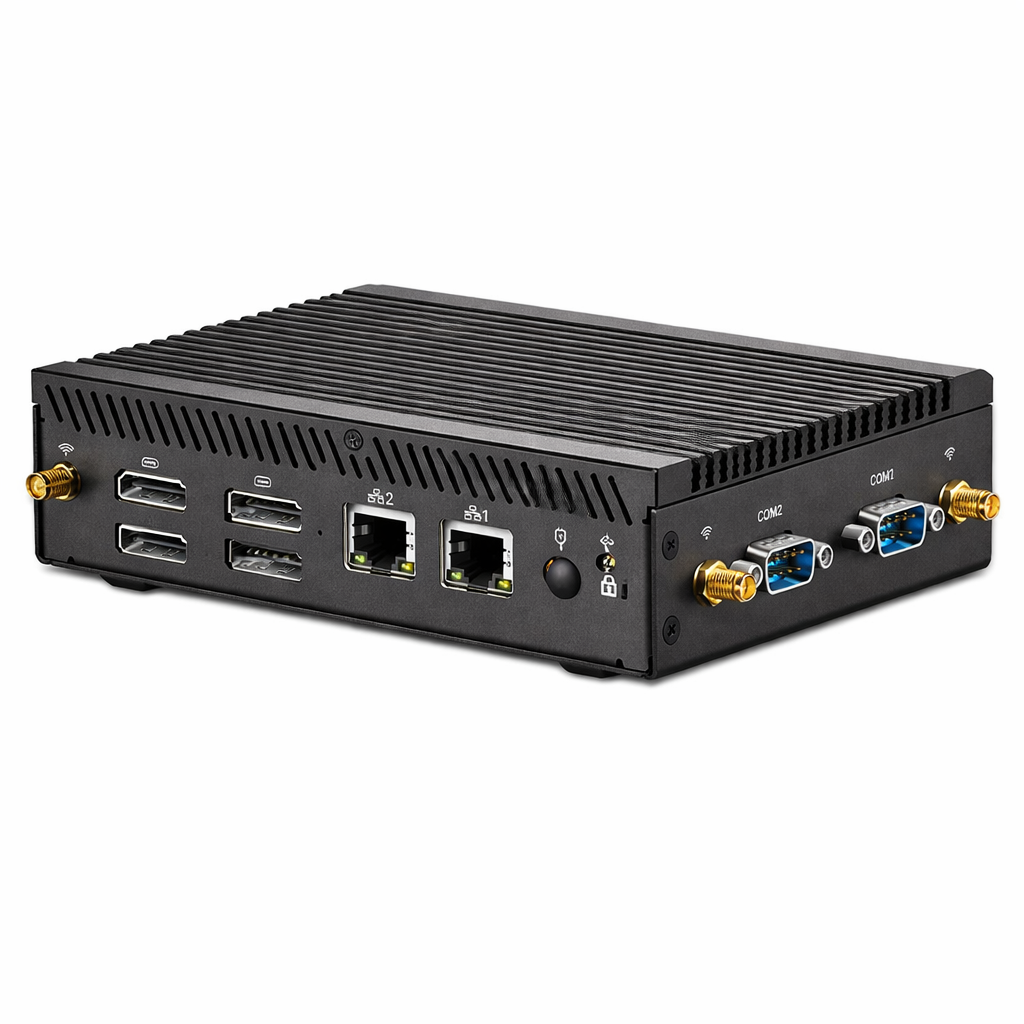 Czarny mini PC z żebrowanym blatem, portami USB, LAN i COM z przodu.