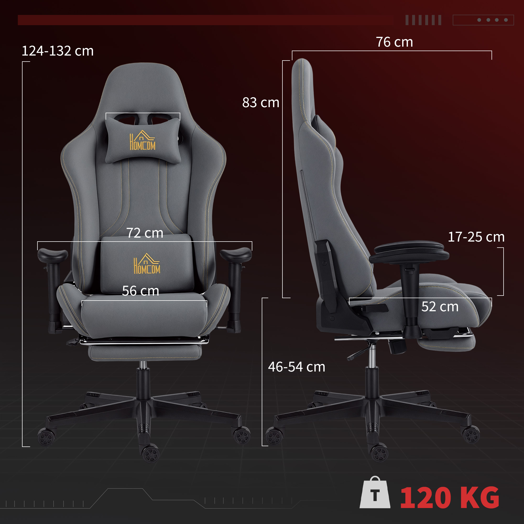 Grauer Gaming-Stuhl mit Maßen und HOMCOM-Logo.